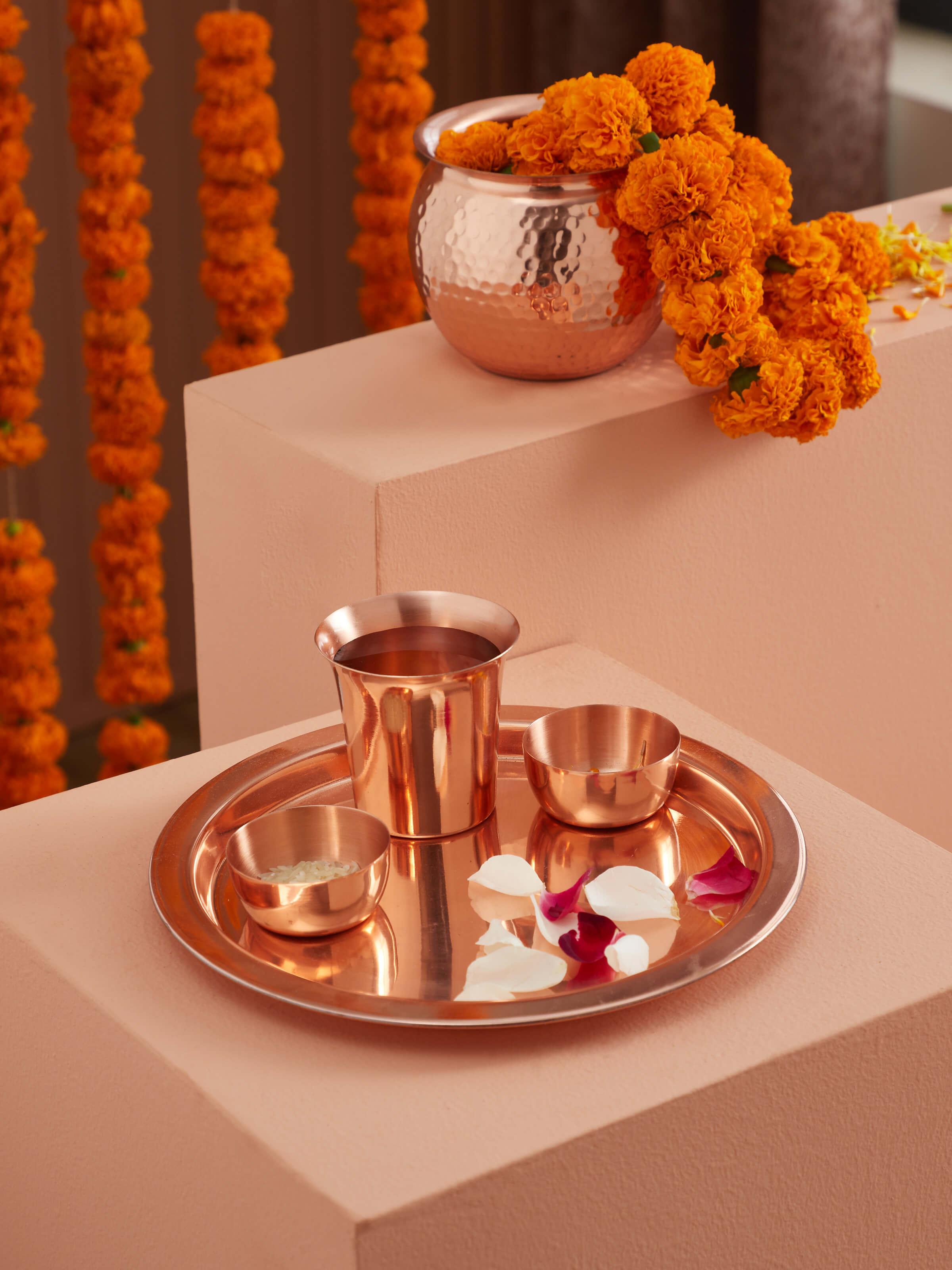 Side view of Polished Copperware Pooja Thali Set (4 pcs) highlighting its polished finish
