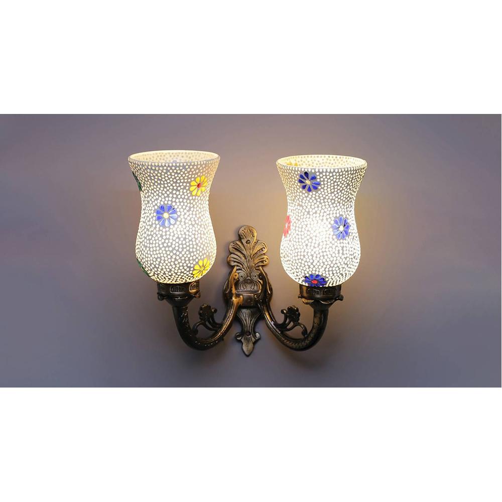 Sophia Antique Metal Double Wall Mounted Lamp with Multicolor Mosaic Glass