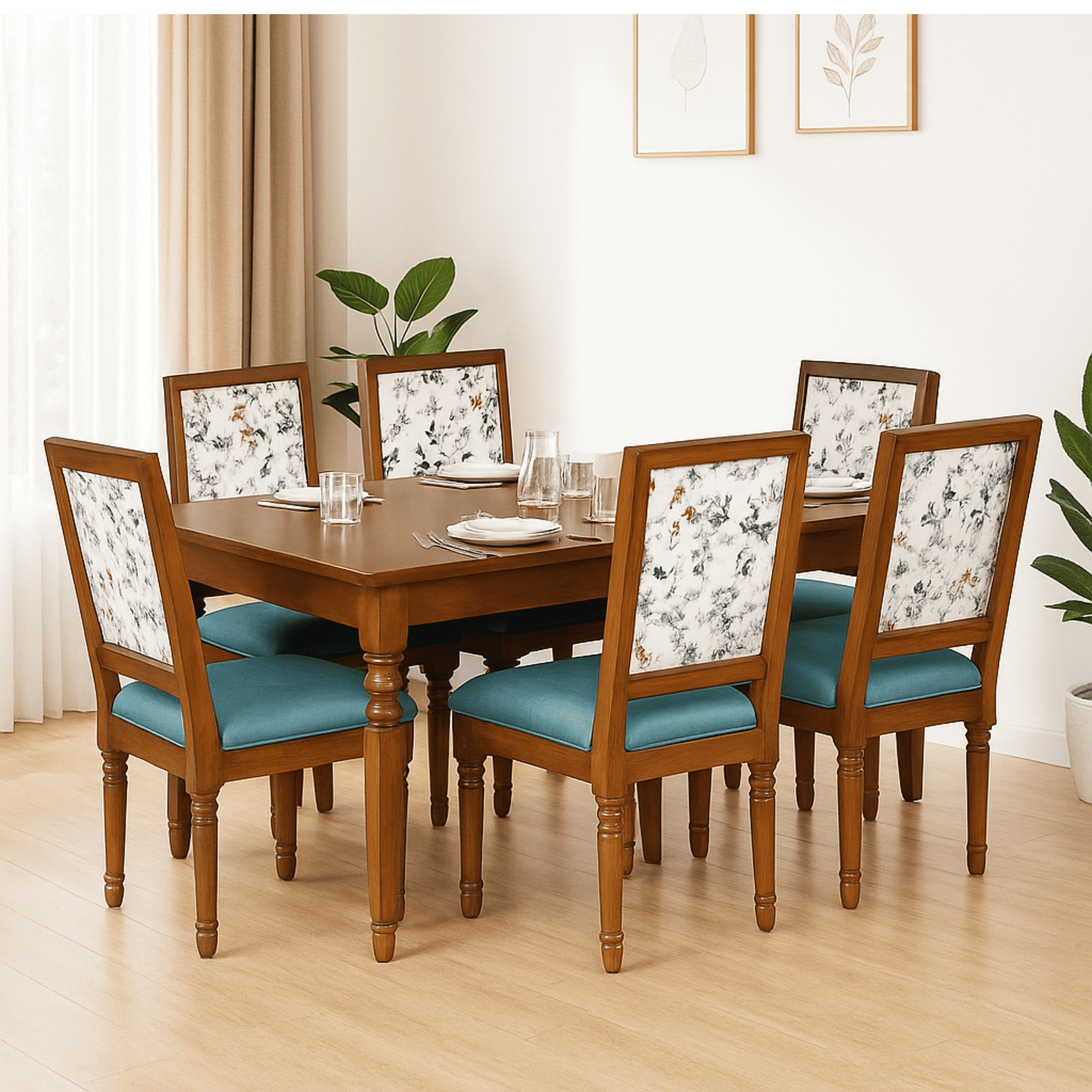Globally Indian Sheesham Wood Turning Leg 6 Seater Dining Table Set With 6 Solid Wood Upholstered Chairs –  In Blue Color