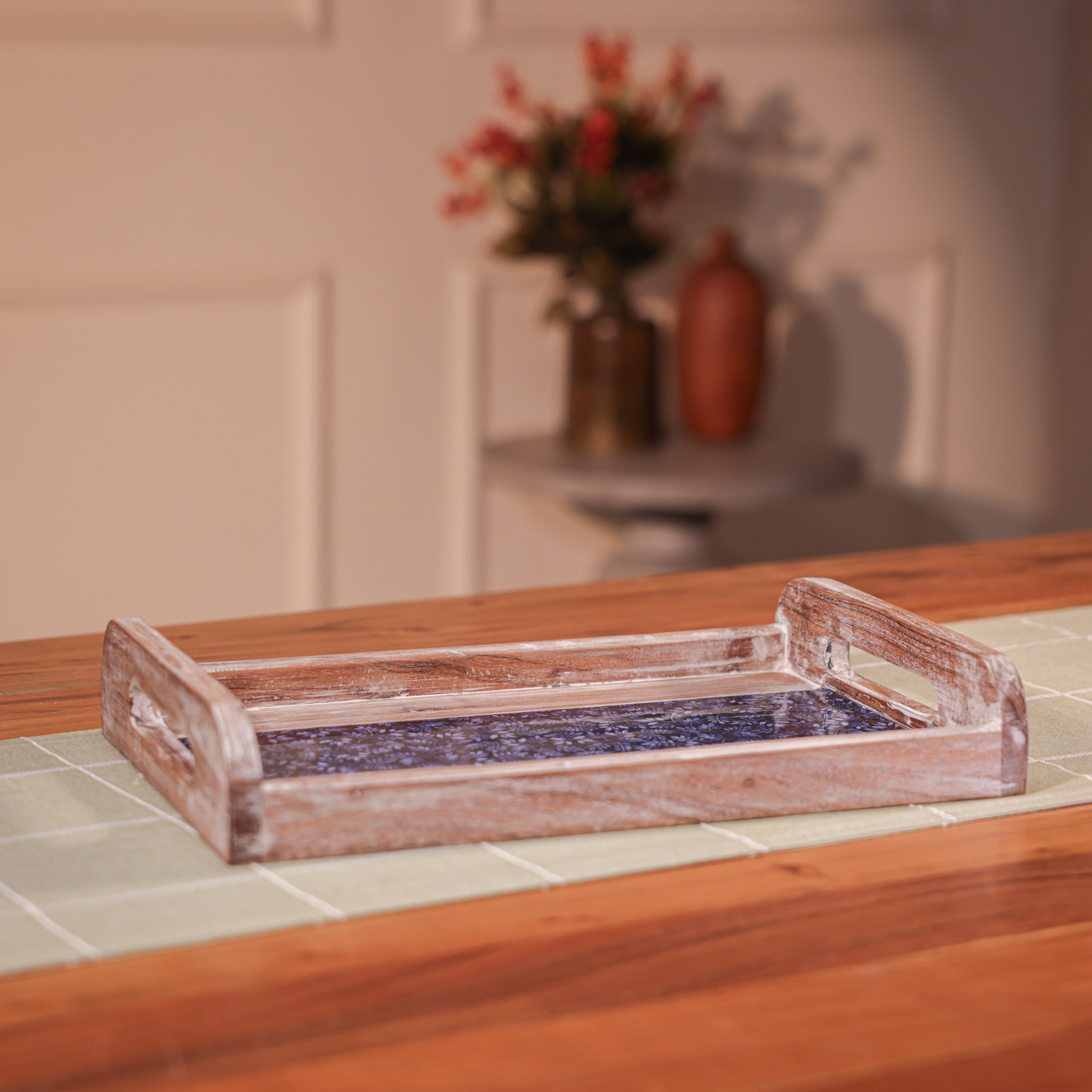 Ireka Home Bhojan Wooden Serving Tray with Enamel - Ireka Homes