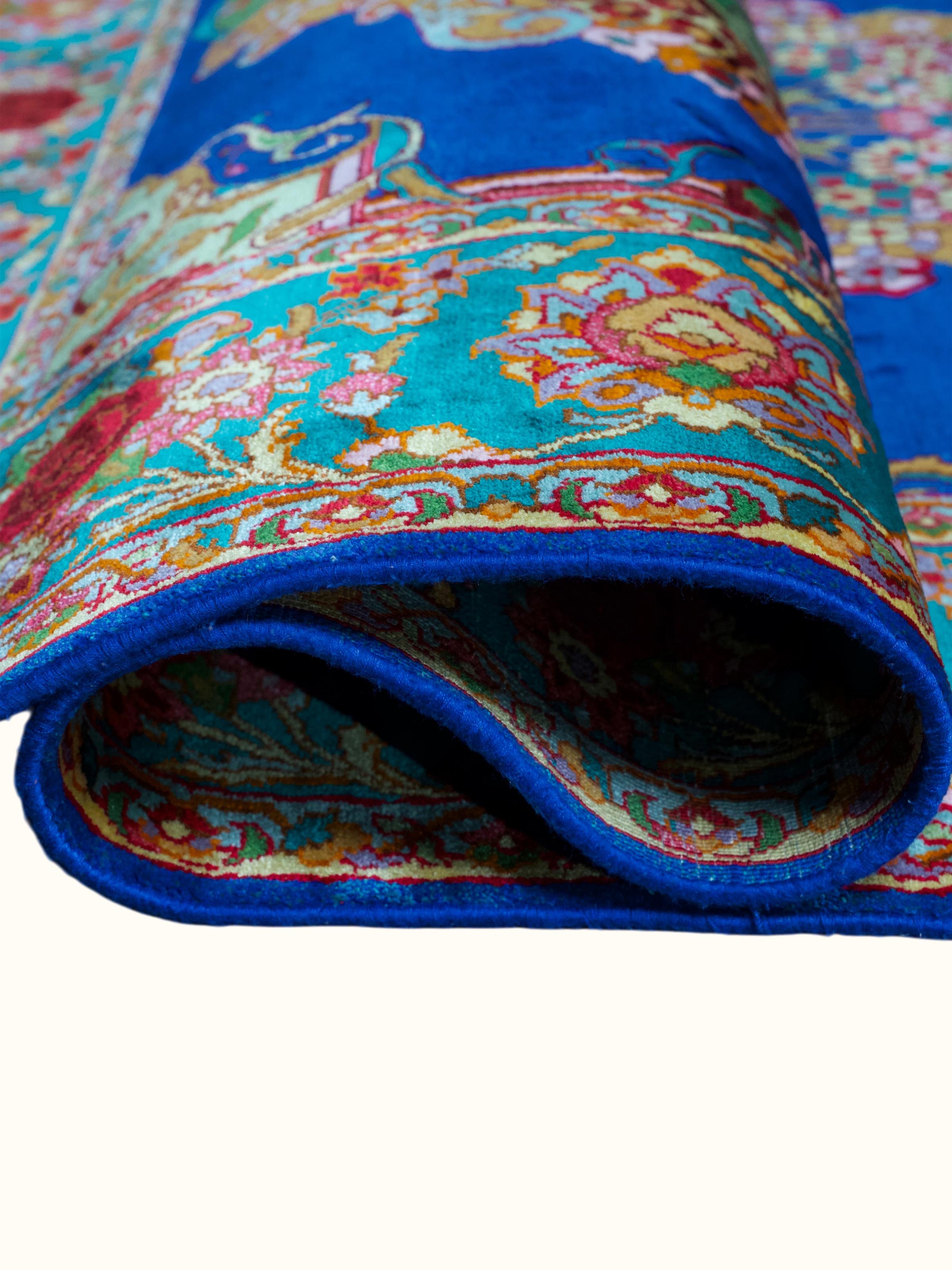 Traditional Persian Blue Guldani Kashmir Silk Hand-Knotted Carpet
