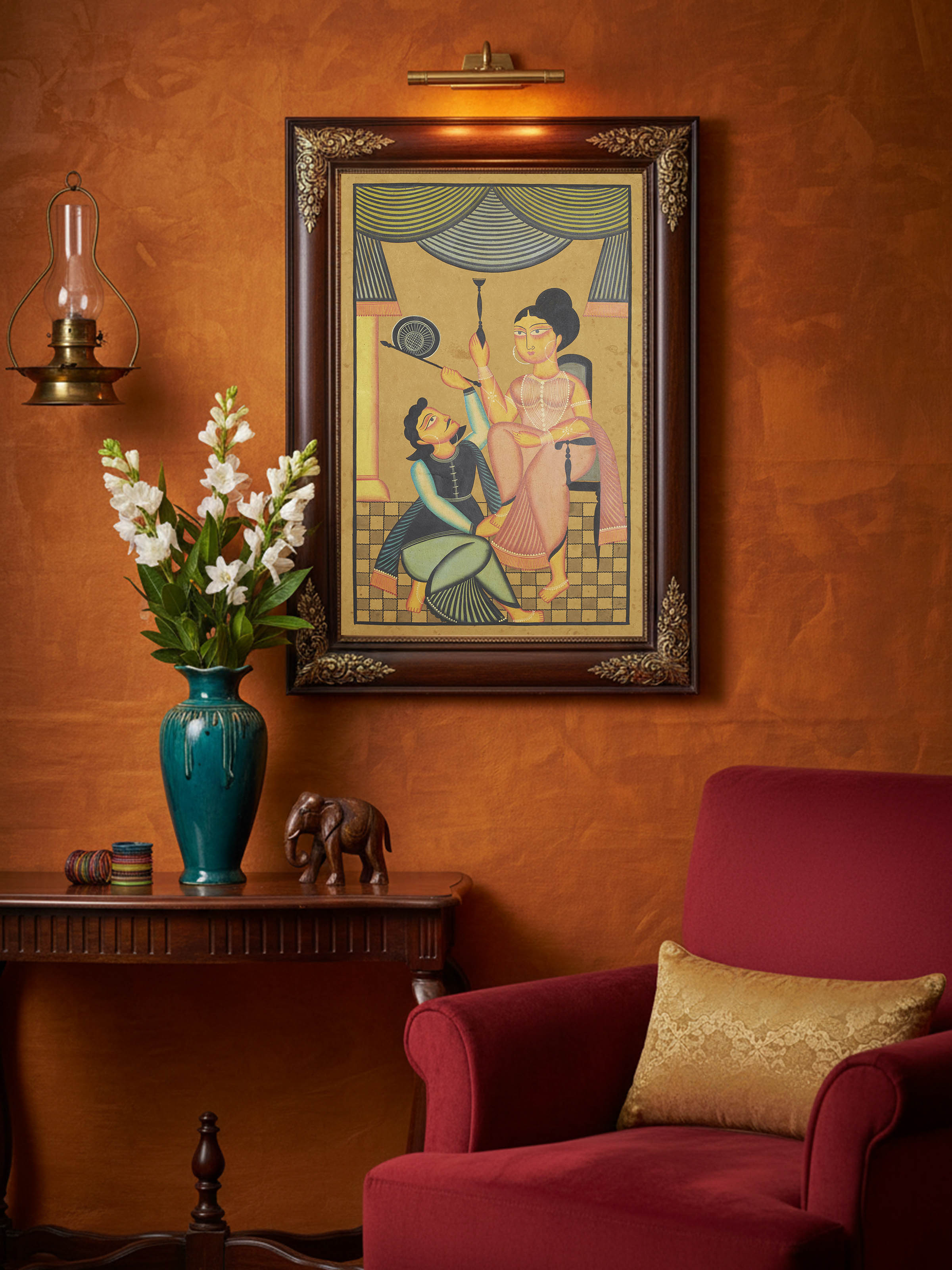 Hand-painted Babu Bibi Kalighat artwork with classic Indian folk art detailing