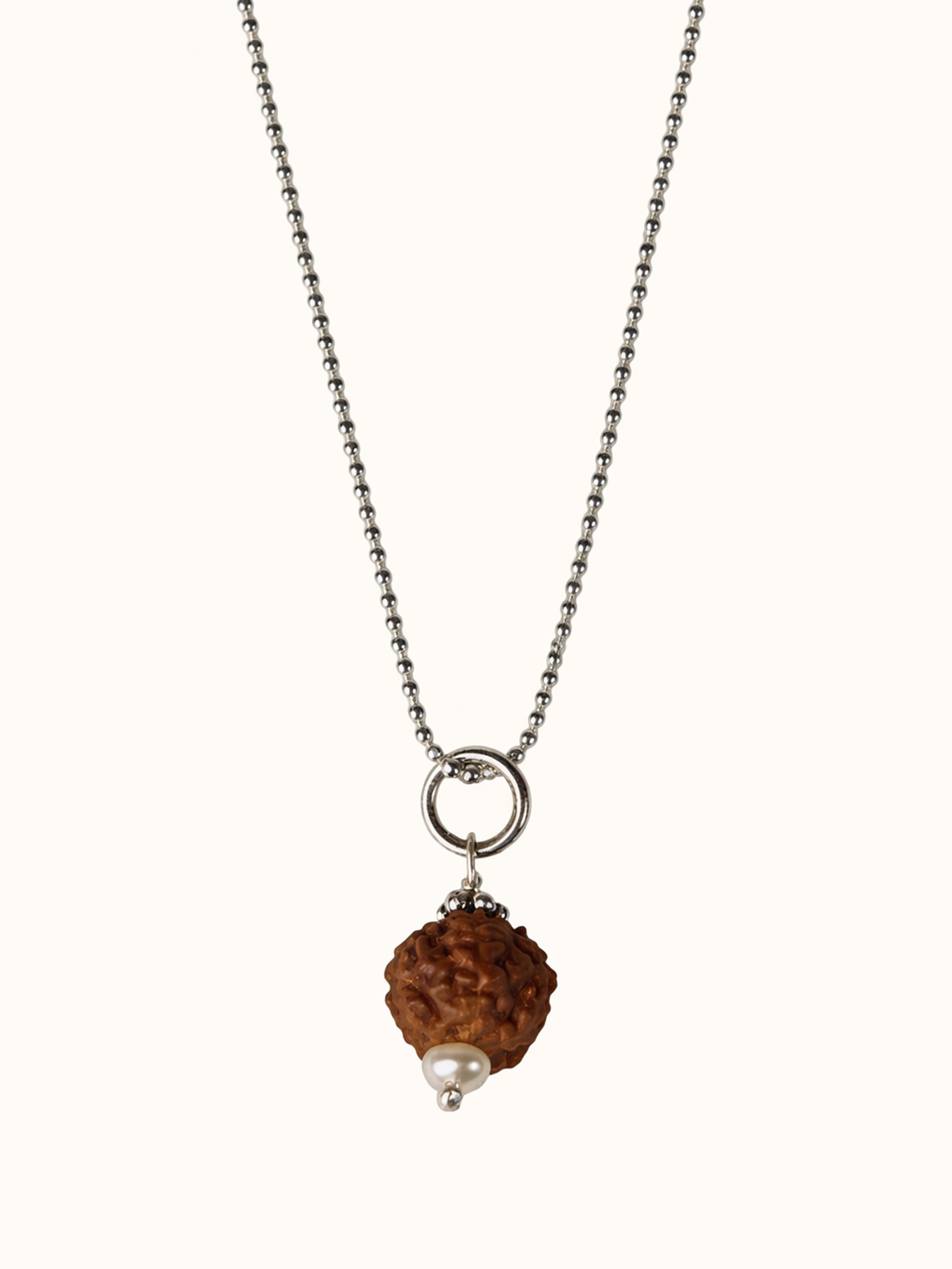 Front view of the Swadesh Gemstone Panchmukhi Rudraksha & Pearl Silver Necklace