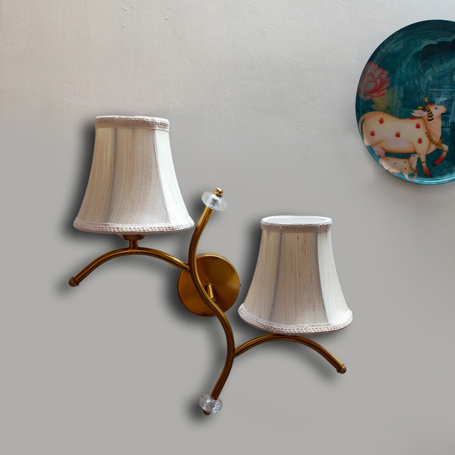 Devansh Metal Electric Wall Light in Gold Colour with off-white Shade Count of 2 Lights