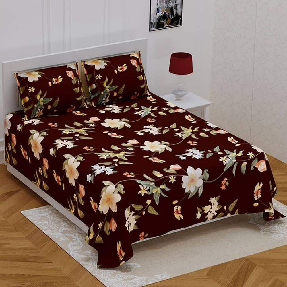 Roman Brown Abstract 180 TC Cotton Double Size Bedsheet with 2 Pillow Covers