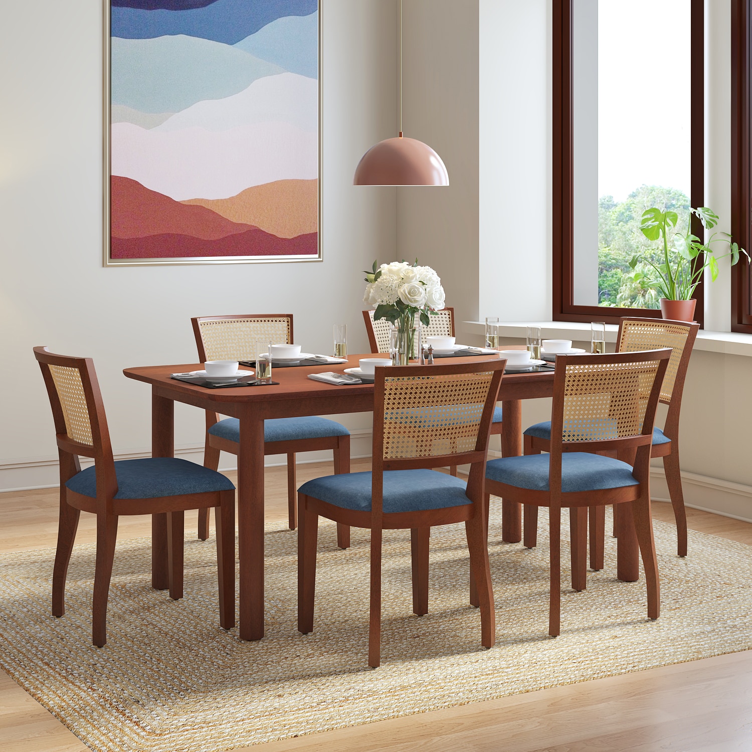 Dane Solid Wood Dining Table 6 Seater with 6 Reed Cane Dining Chairs (Finish: Honey, Colour: Baltic Blue) - Urban Ladder