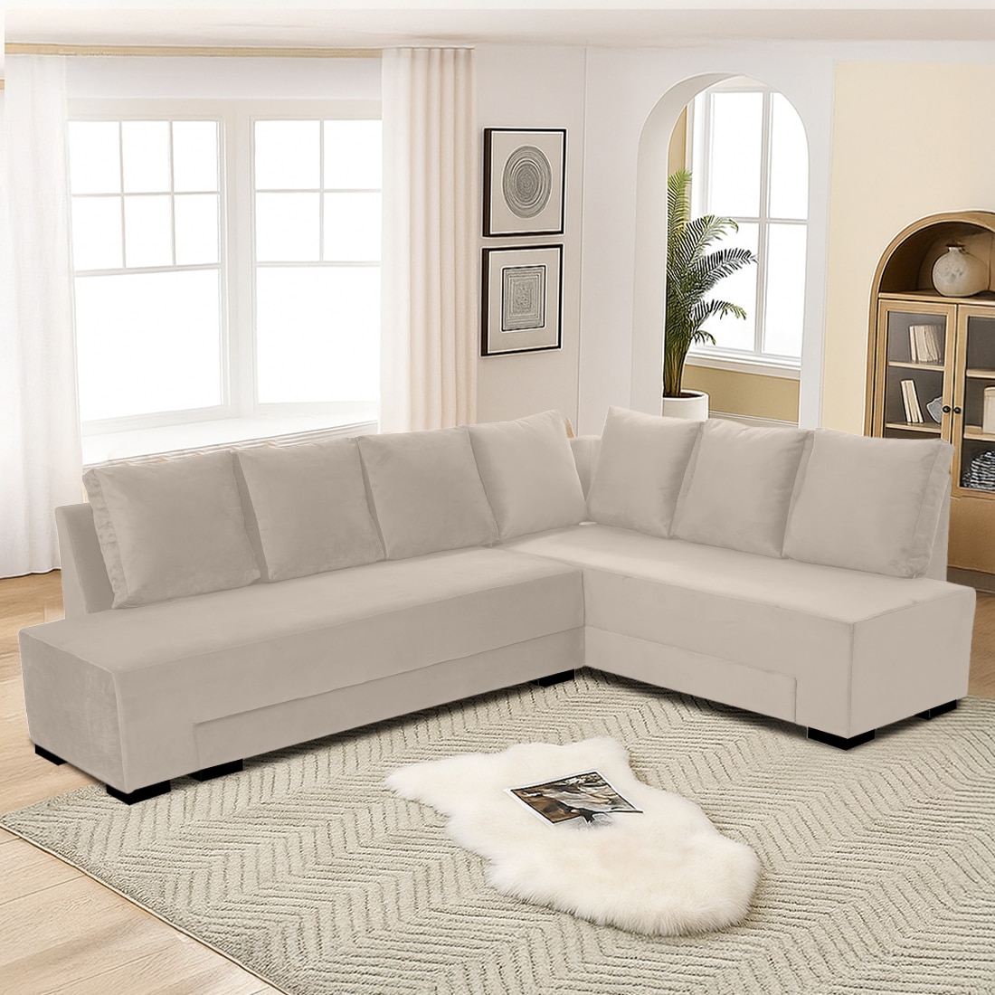 Melo 3 Seater Right Sectional Velvet Sofa Cum Bed in Cream colour