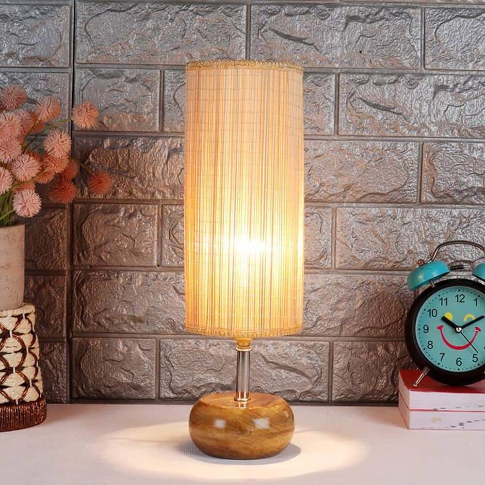 Leslie Beige Bamboo Shade Table Lamp with Natural Wooden Base
