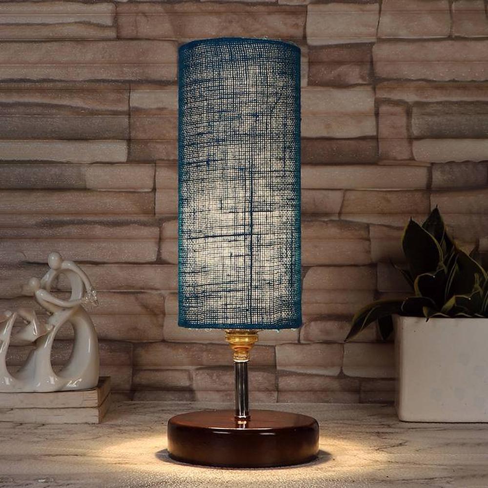 Klaus Turquoise Jute lamp with brown wood base