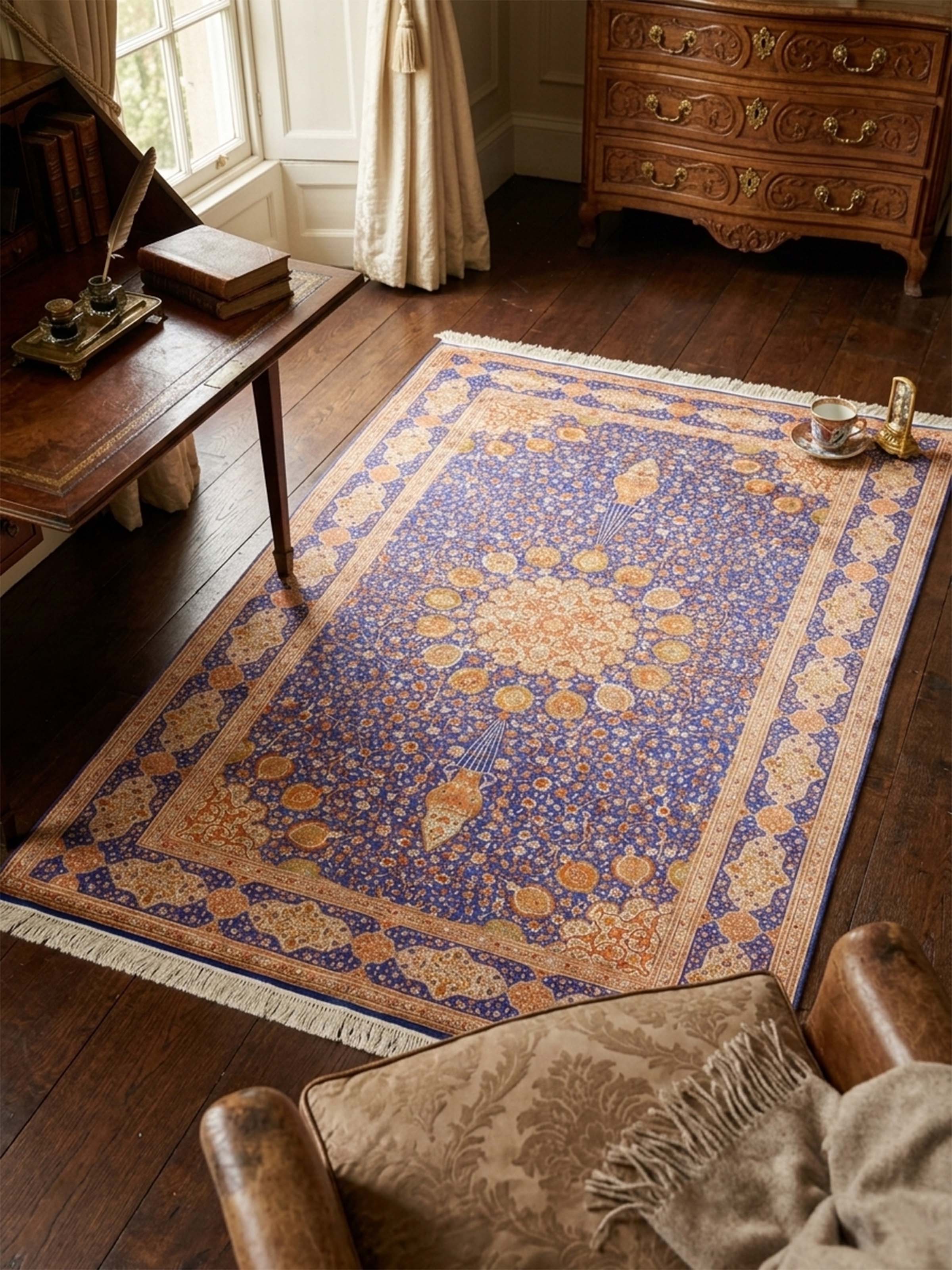 Traditional Persian Royal Blue Rust Ardabil Kashmir Silk Hand-Knotted Carpet