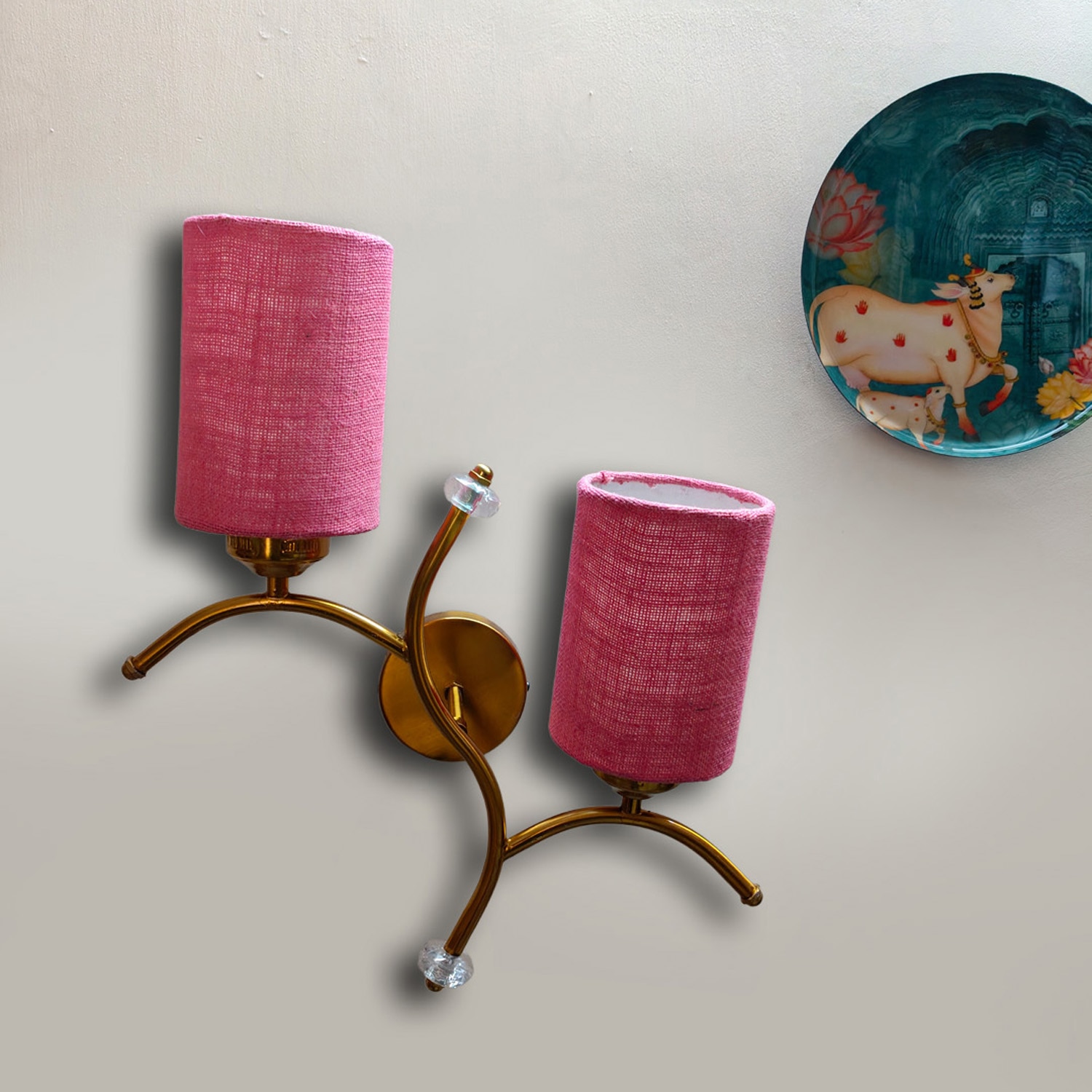 Devansh Metal Electric Wall Light in Gold Colour with Pink Shade Count of 2 Lights - Devansh