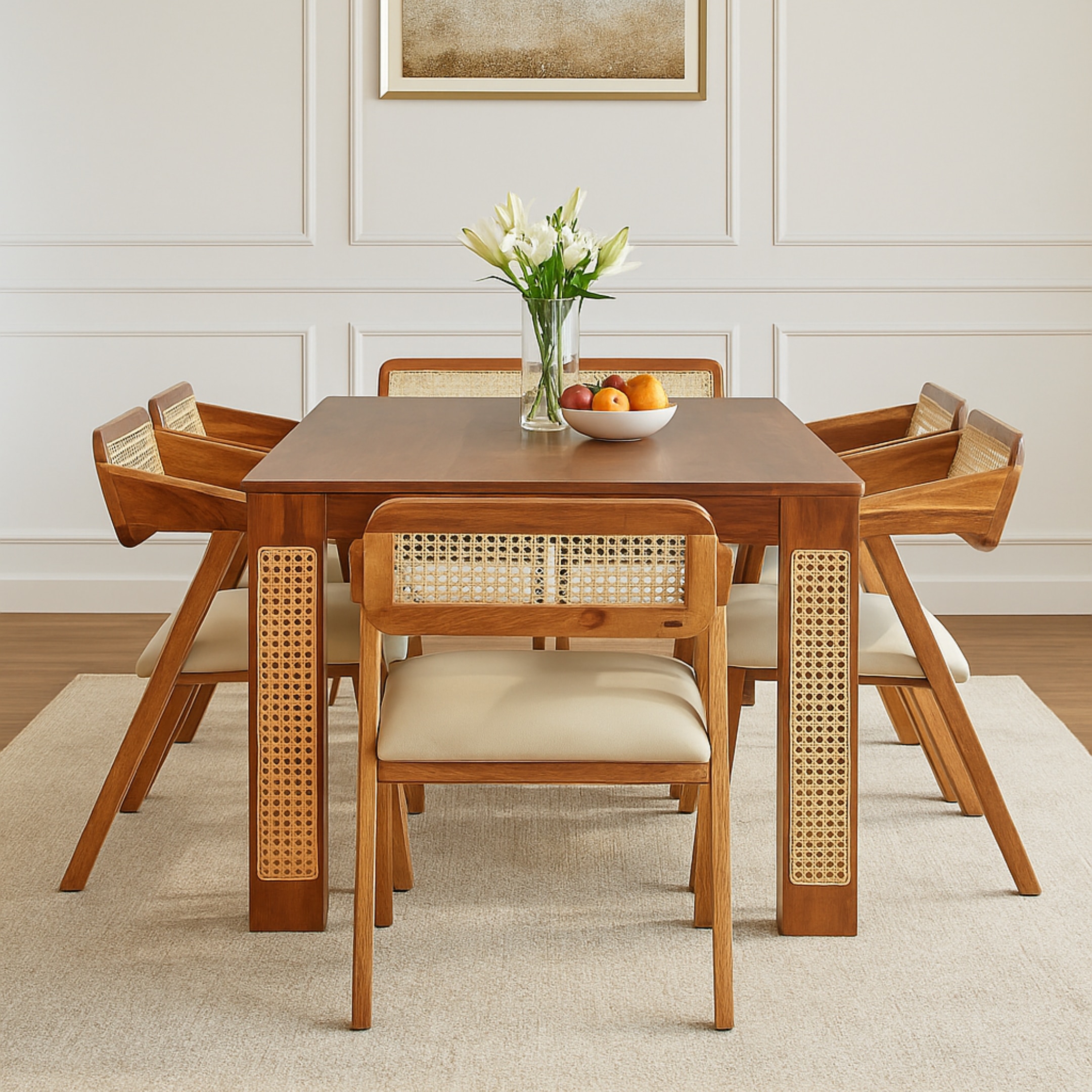 Globally Indian Sheesham Wood  6 Seater Dining Table Set With 6 Cushioned Cane Armchairs – Beige Color