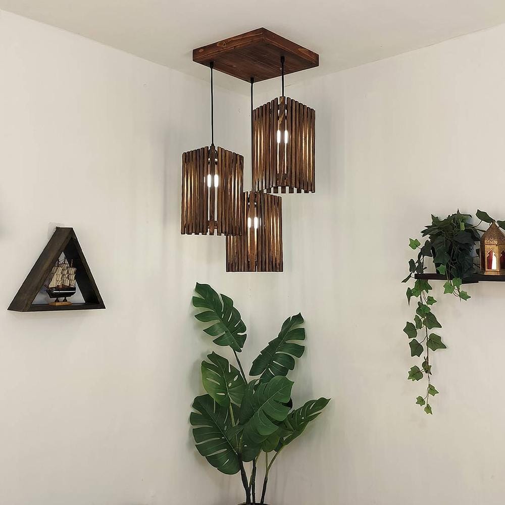 Trikona Brown Solid Wood Cluster Hanging Light