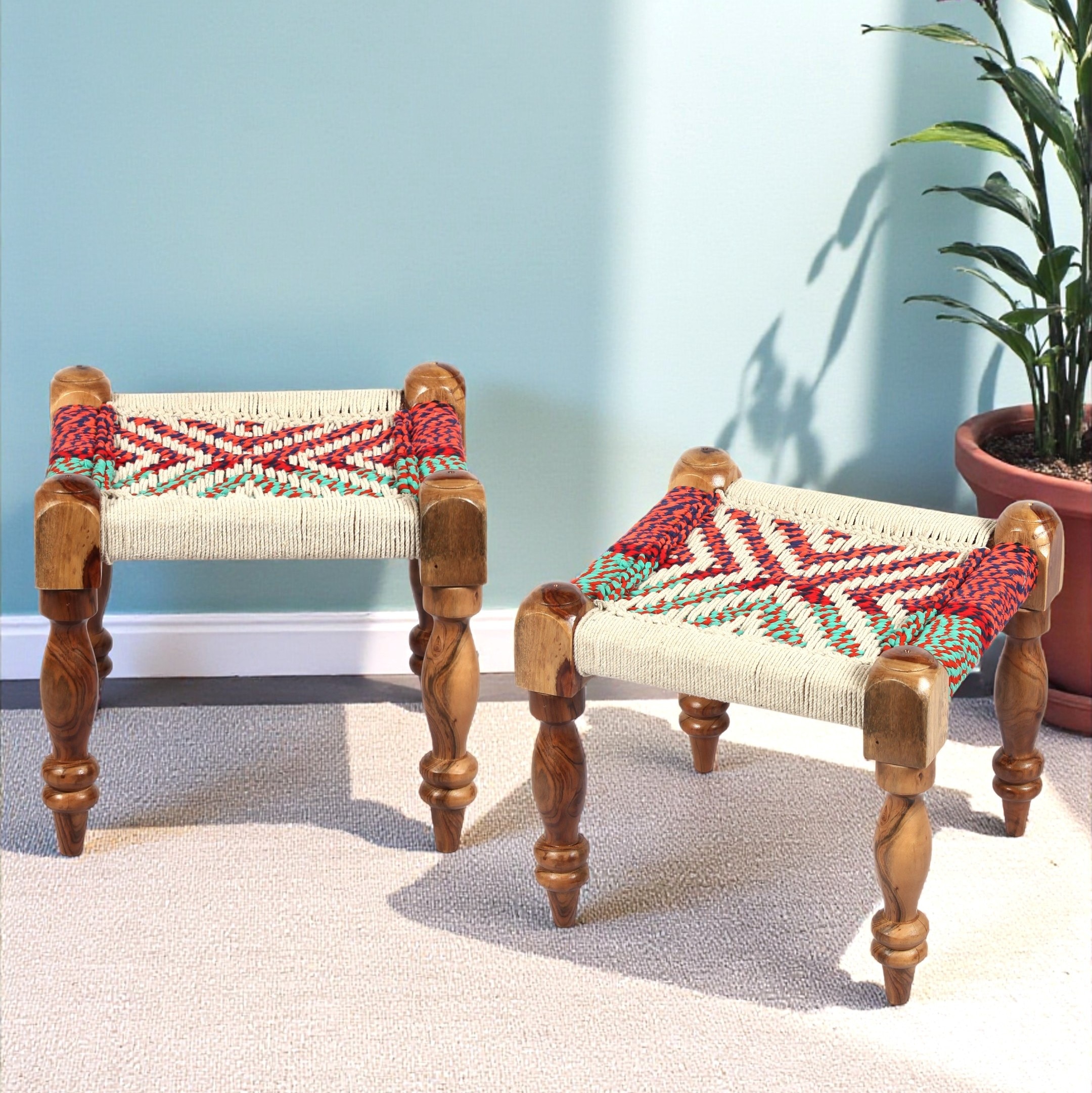 Riaza Sheesham Wood Vintage Set of 2 Stools in Multicolour Chindi & White Rope Canning