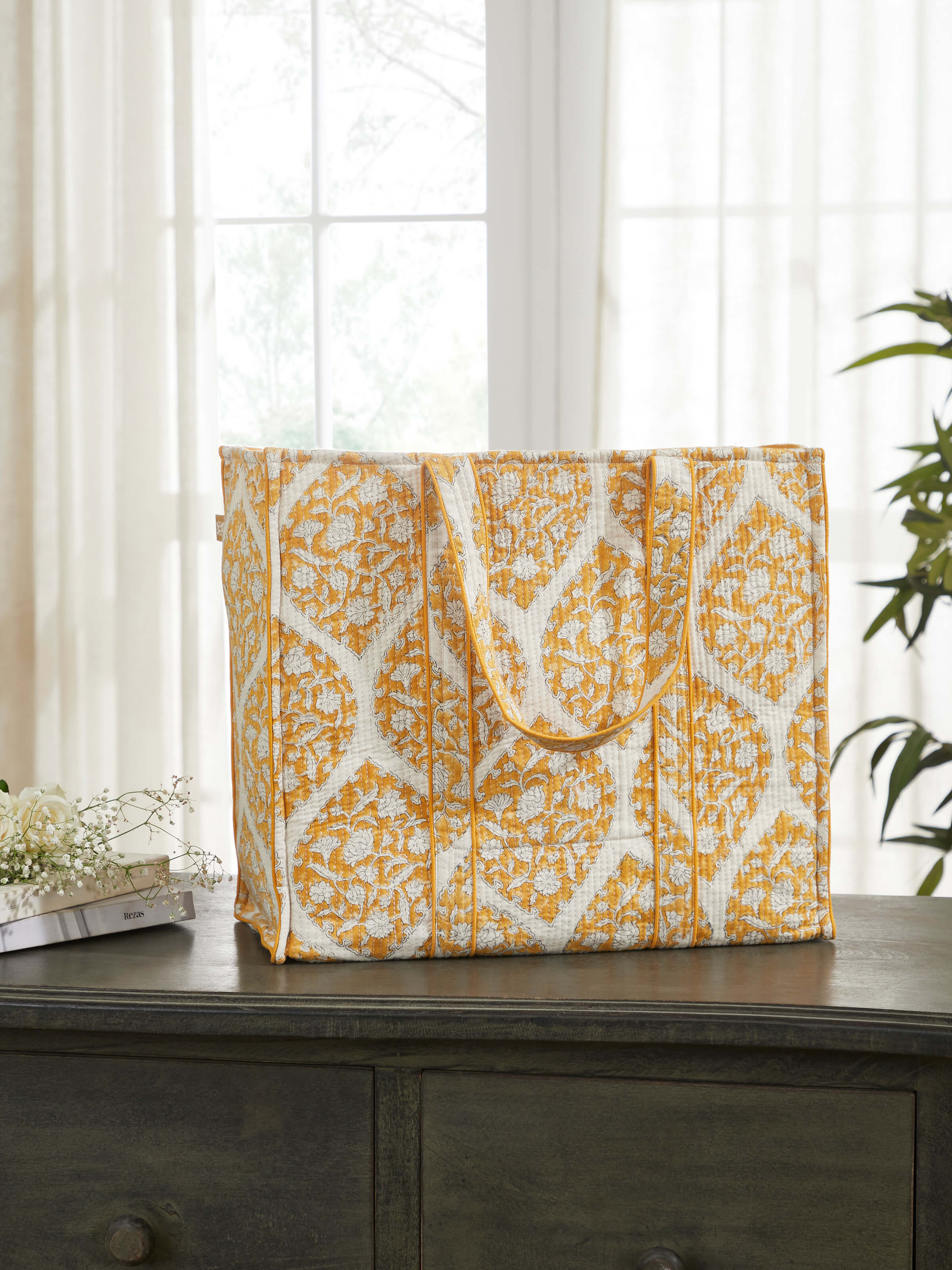Yellow Handblock Printed Quilted Tote Bag