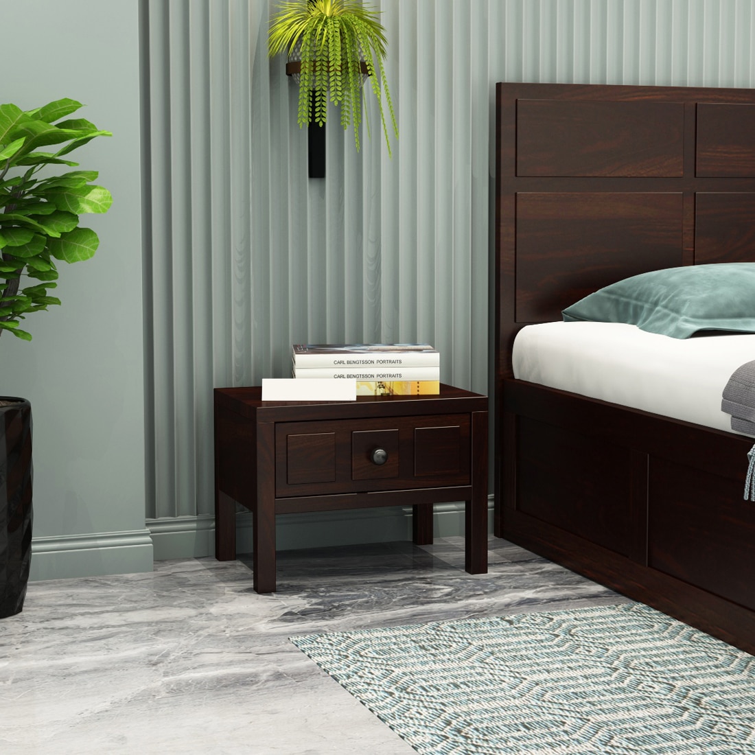 Square Solid Wood Box Bedside Table in Walnut Finish