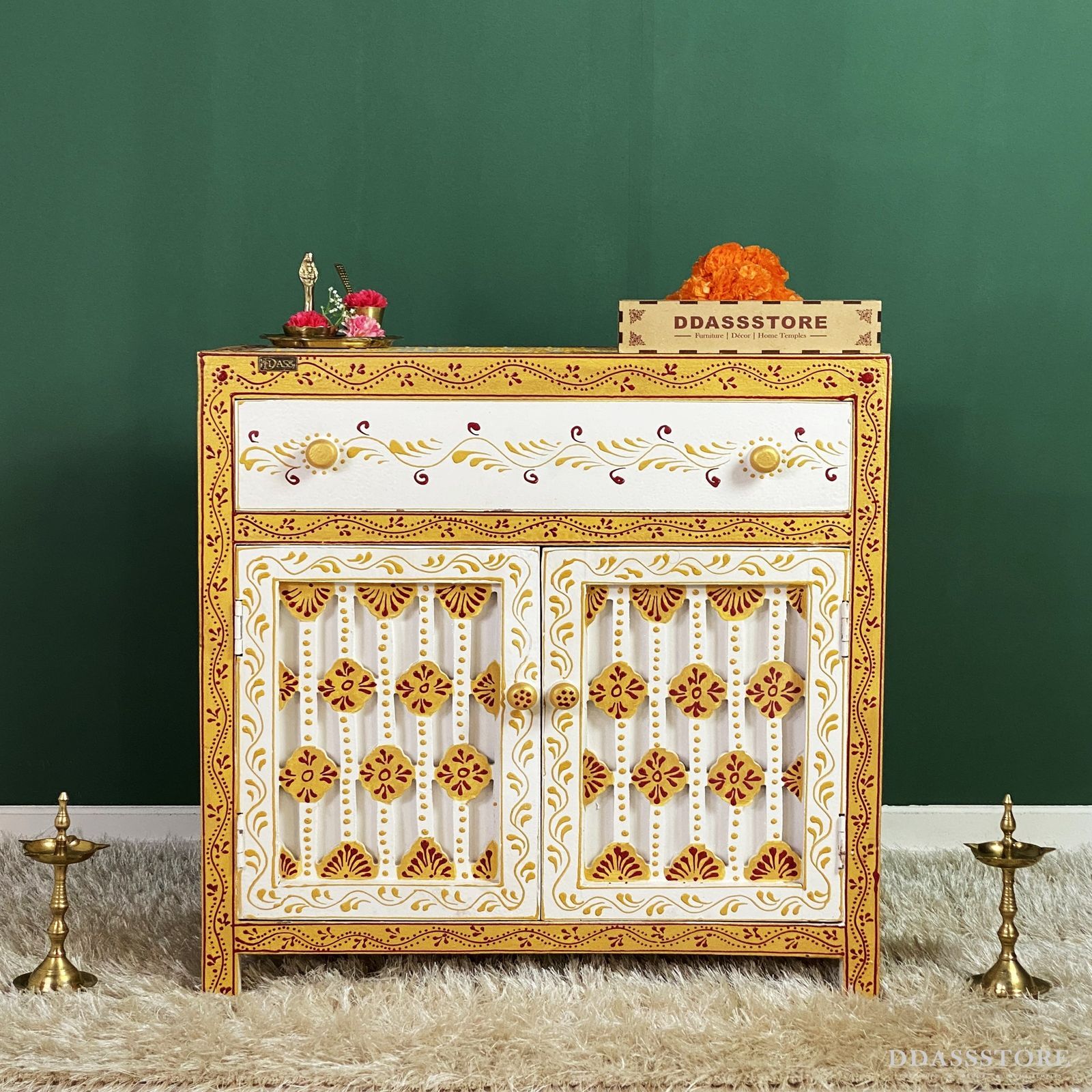 D'Dass Big Multi Color Sheesham and Mdf Wooden Temple For Pooja With Cabinet - D'DASS