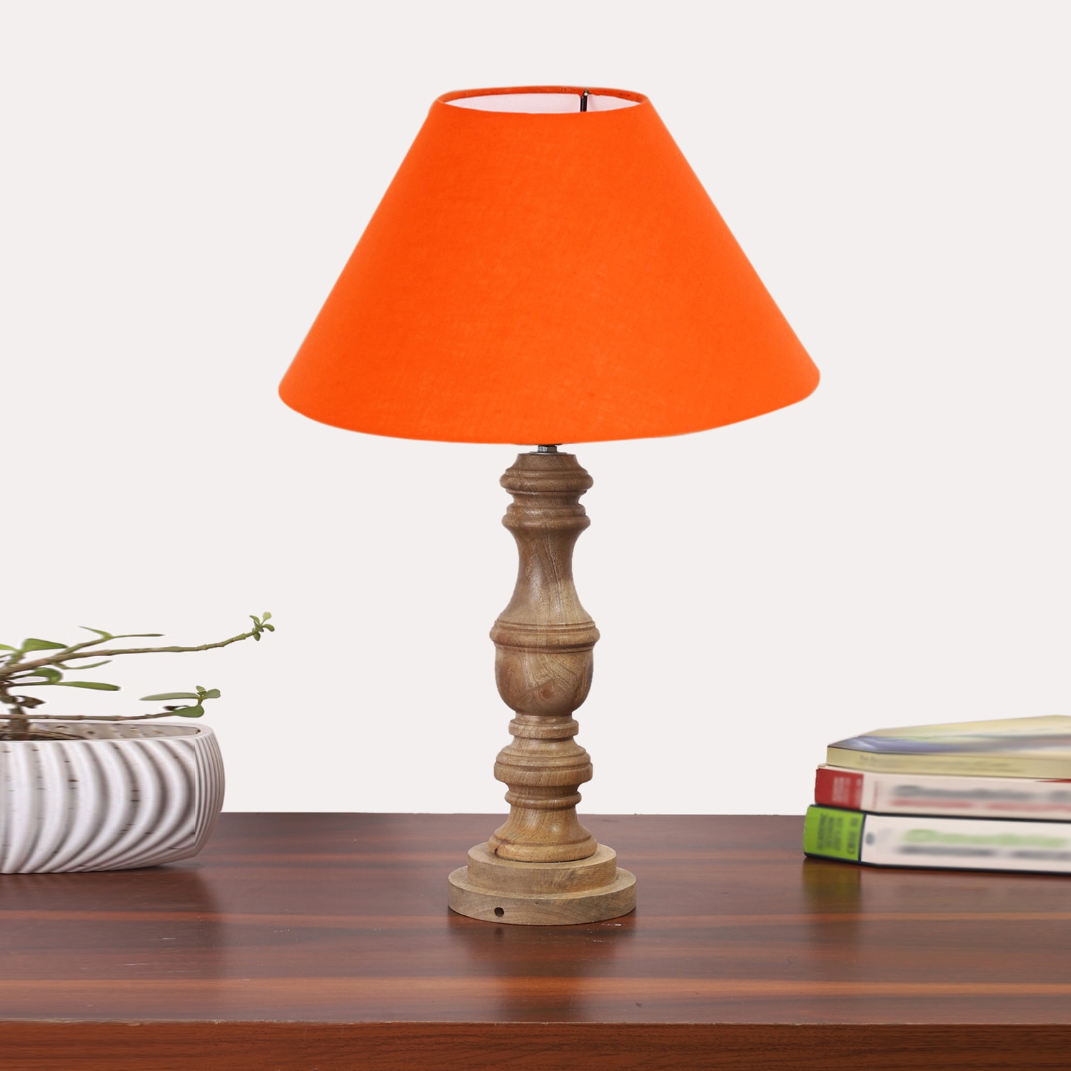 Devansh Orange Cotton Table Lamp With  Wood Natural Base -(10X18 Inches)-30 - Devansh
