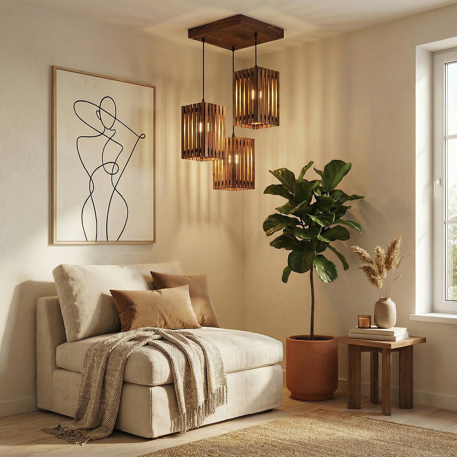 Elegant Brown Solid Wood Cluster Hanging Light