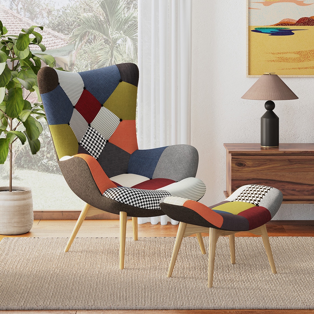 Contour Chair With Ottoman Replica In Multi Colour Patch Work.