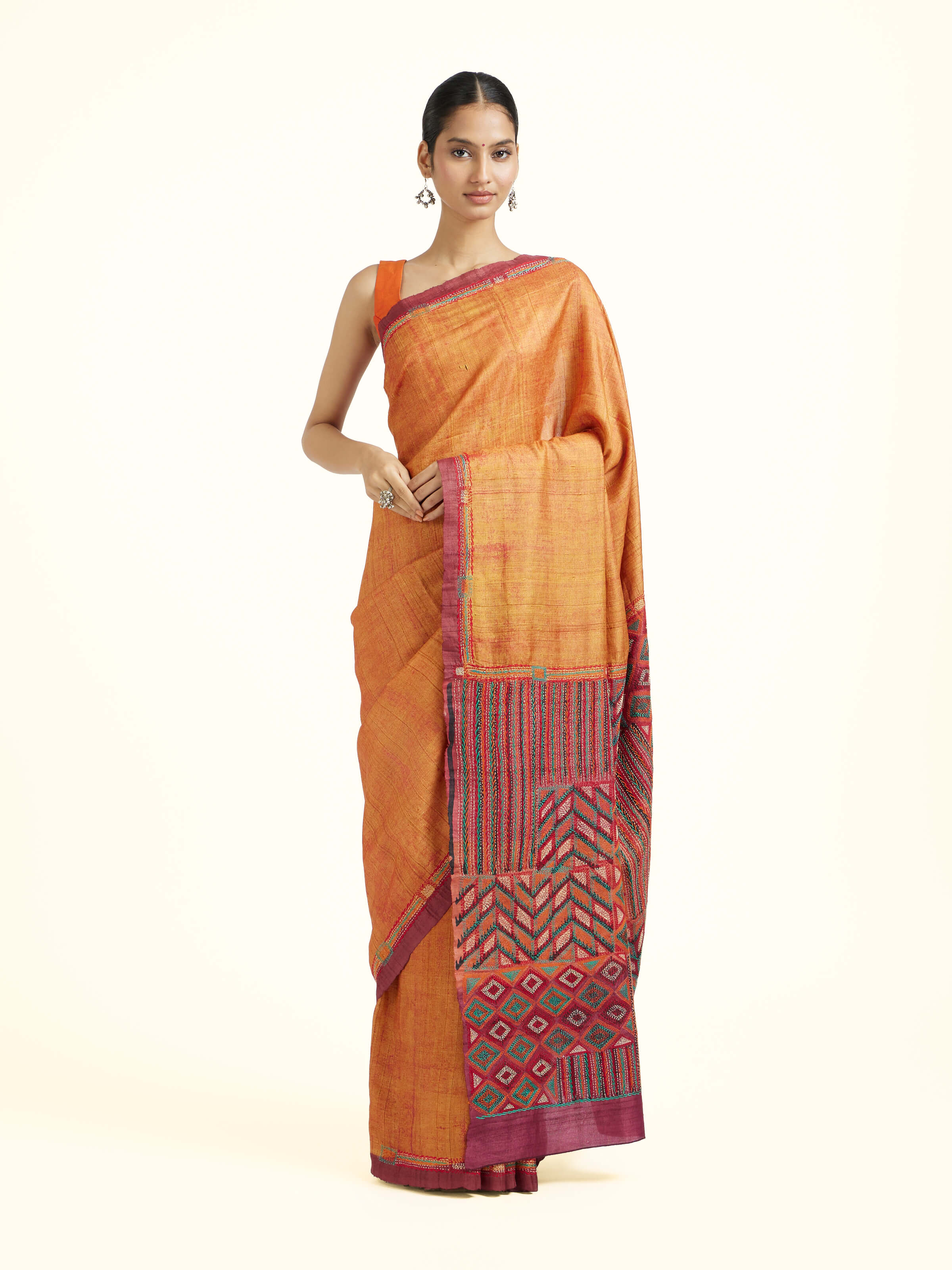 Rustorange Tussar Silk Discharge Block Kantha Embroidered Saree