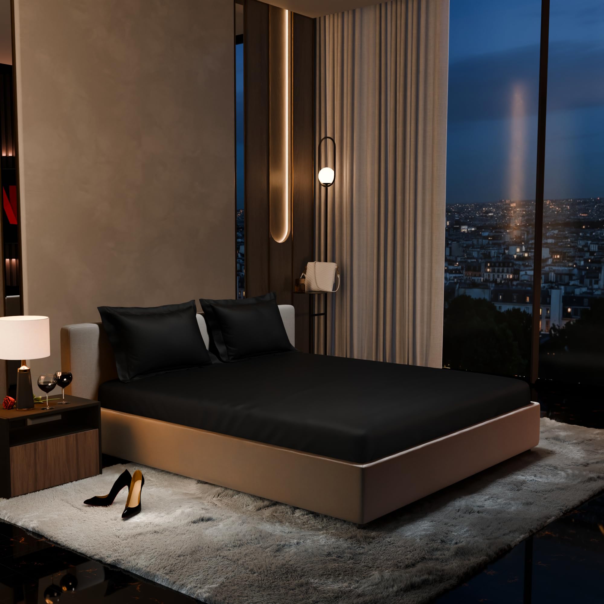 Stoa Paris 300TC UltrSatin Double Bedsheet Set Satin Double Midnight Black - Stoa Paris