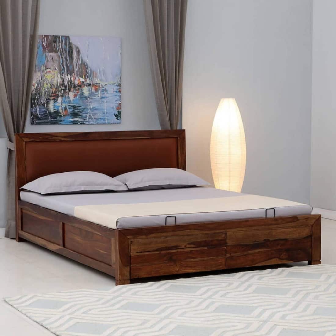 Melba Solid Sheesham Wood King Size Hydrolic Storage Upholstered Bed In Provincial Teak Finish - Demiwall