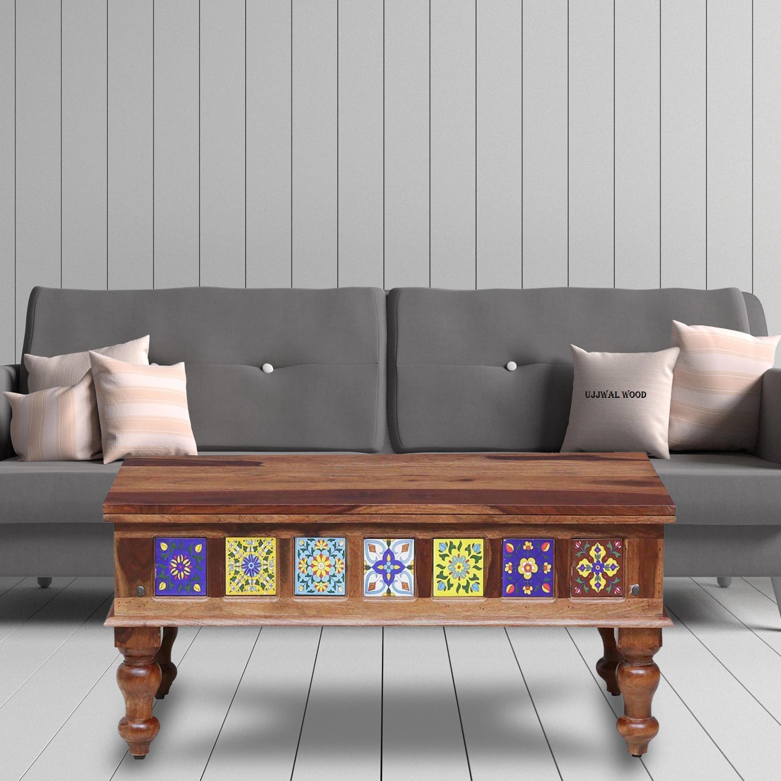 Sheesham Wood Large Coffee Table In Rustic Teak Finish - Ujjwal Wood