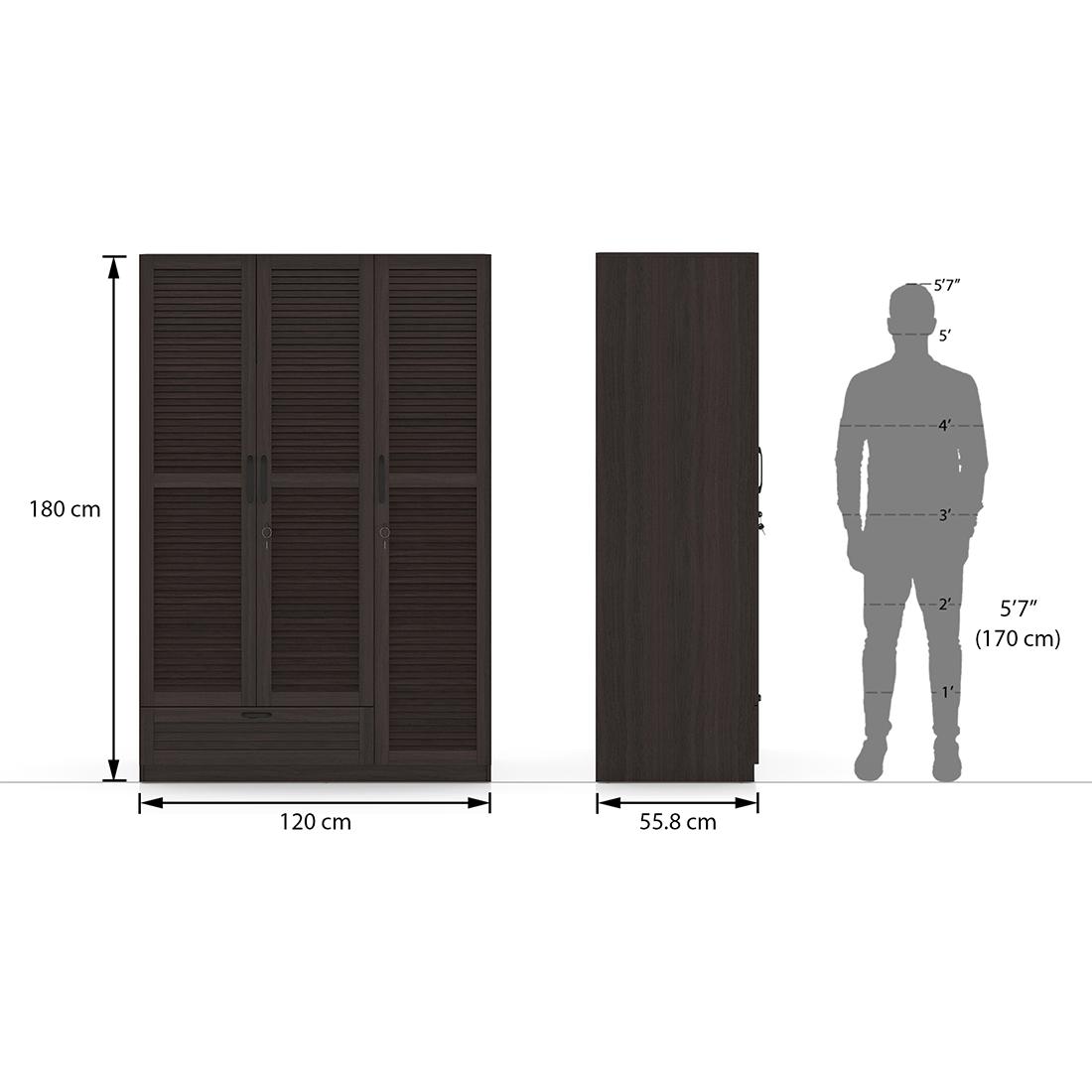 Bennis Engineered Wood 3 Door Wardrobe Without Mirror in Dark Walnut Finish