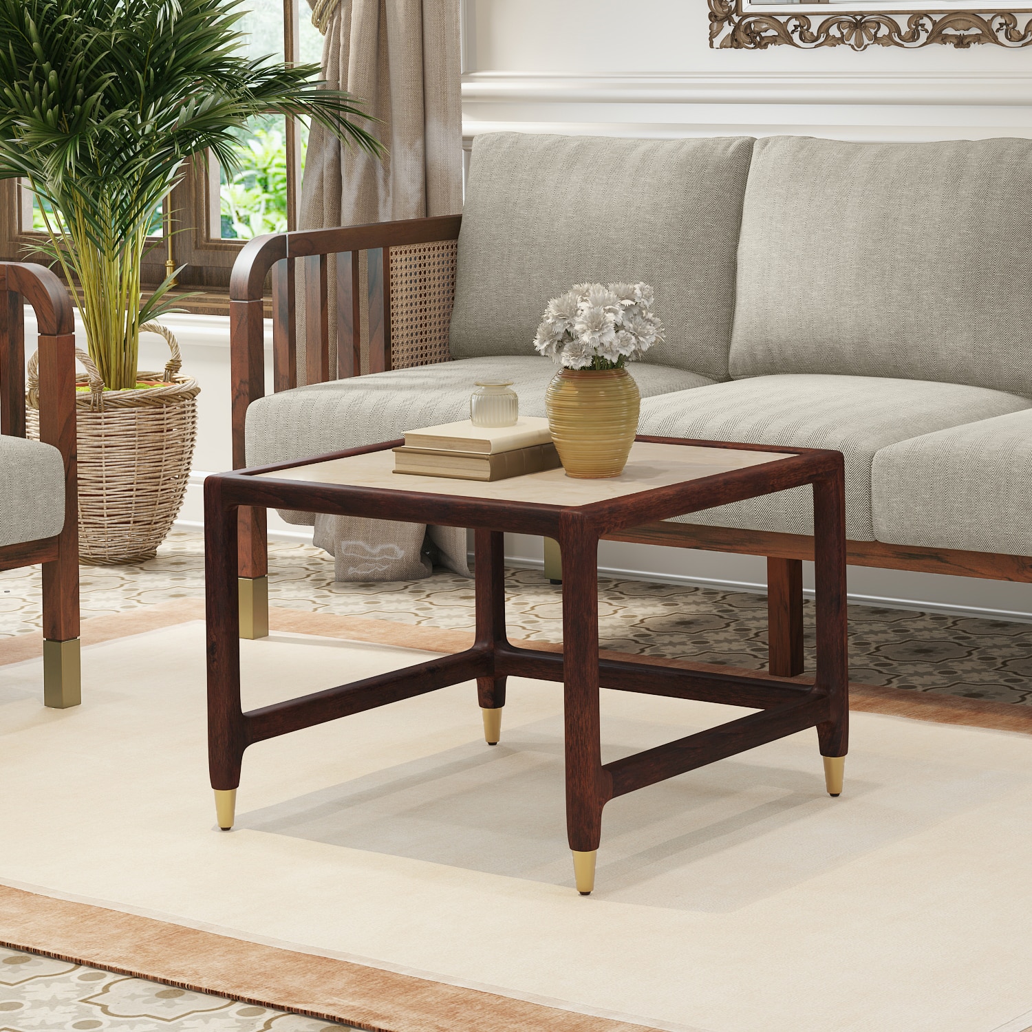 Sera Square Solid Wood And Marble Coffee Table In Mango Walnut Finish
