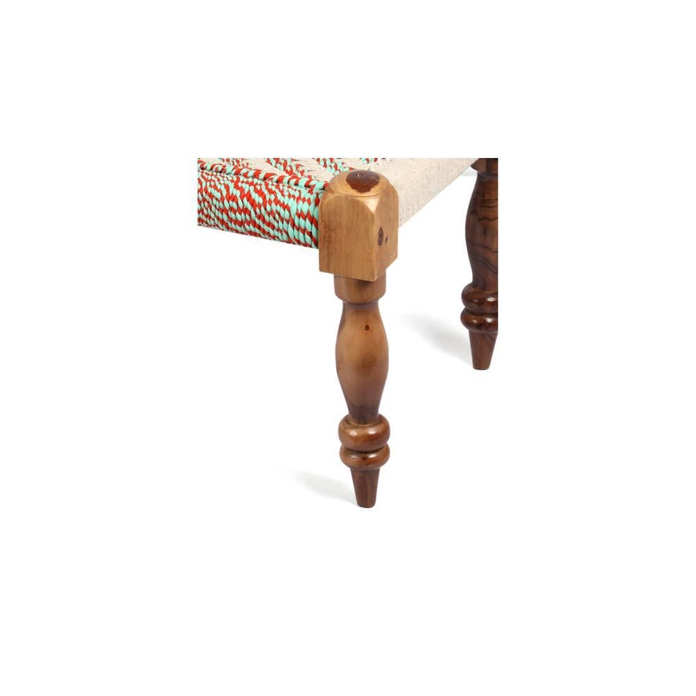 Oakville Sheesham Wood 2 Seater Maachi Bench In Assorted Multi-Colour Chindi & White Rope Canning