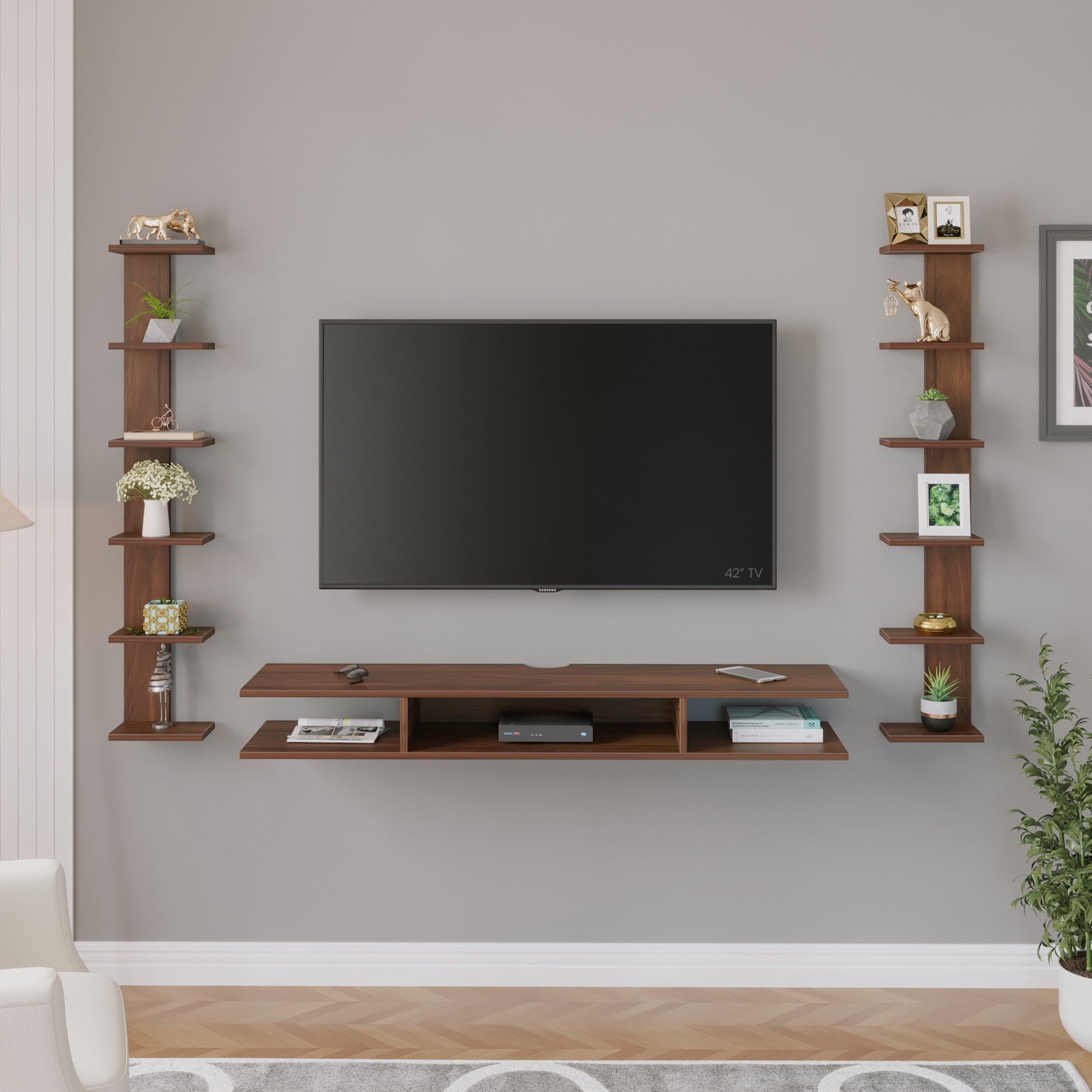 BLUEWUD Estoye Large Engineering Wood Wall Mount TV Entertainment Unit Set Top Box Stand/TV Cabinet Panel with Shelves for Books & D�cor Display Unit, Ideal for 60�(Brown Maple)