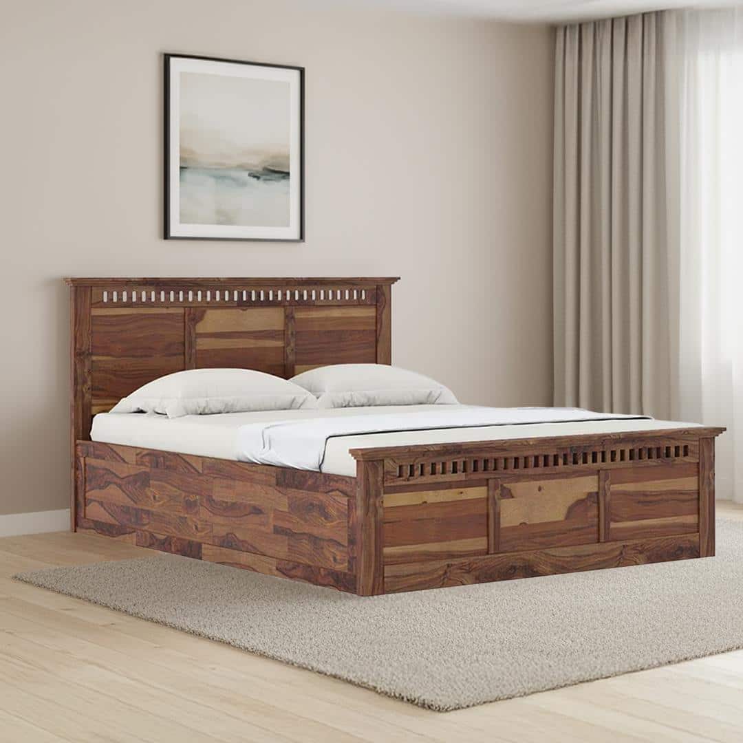Fidora Solid Wood King Box Storage Bed In Teak Finish