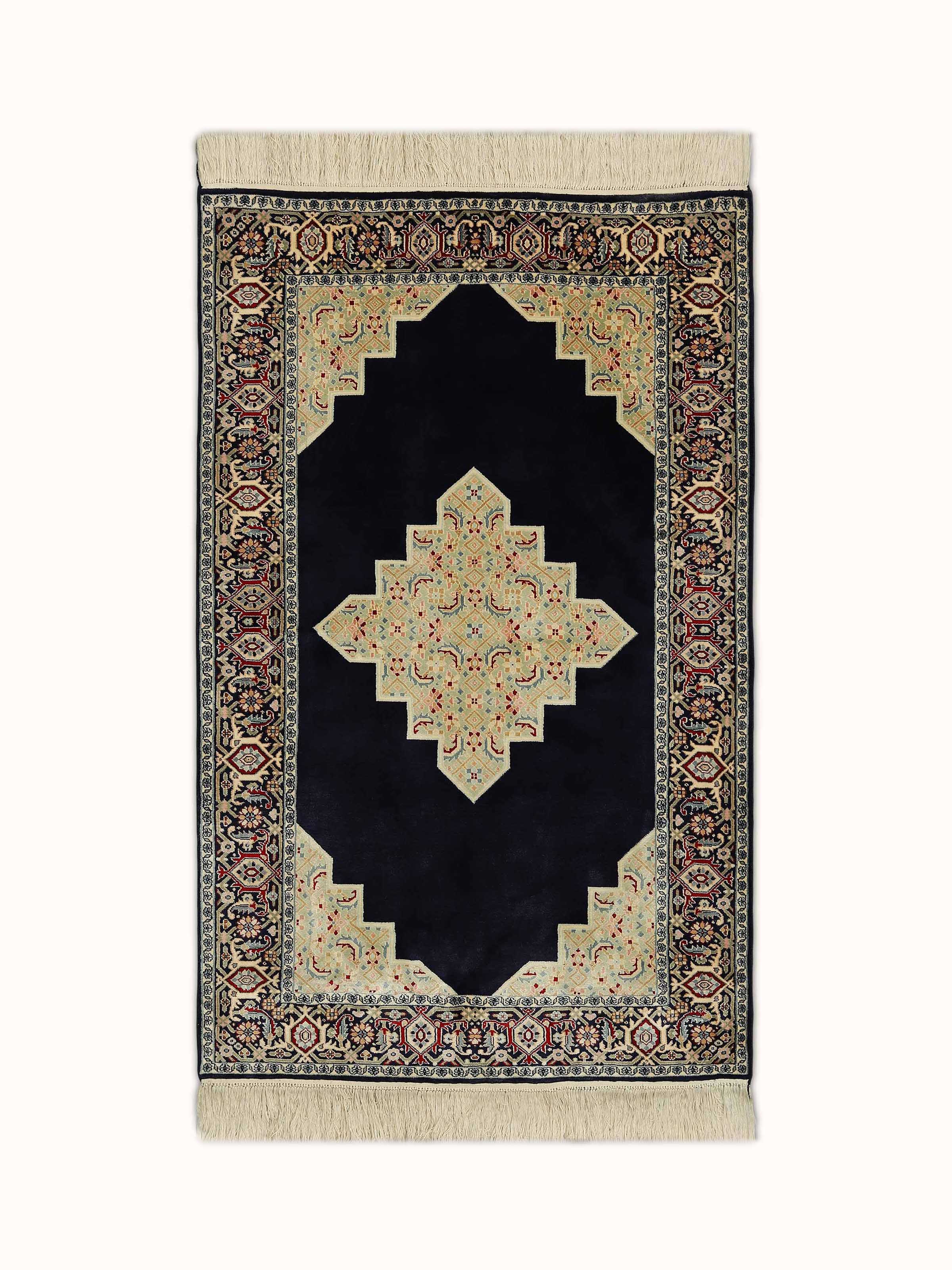 Traditional Persian Open Field Navy Kashmir Silk Hand-knotted Rug