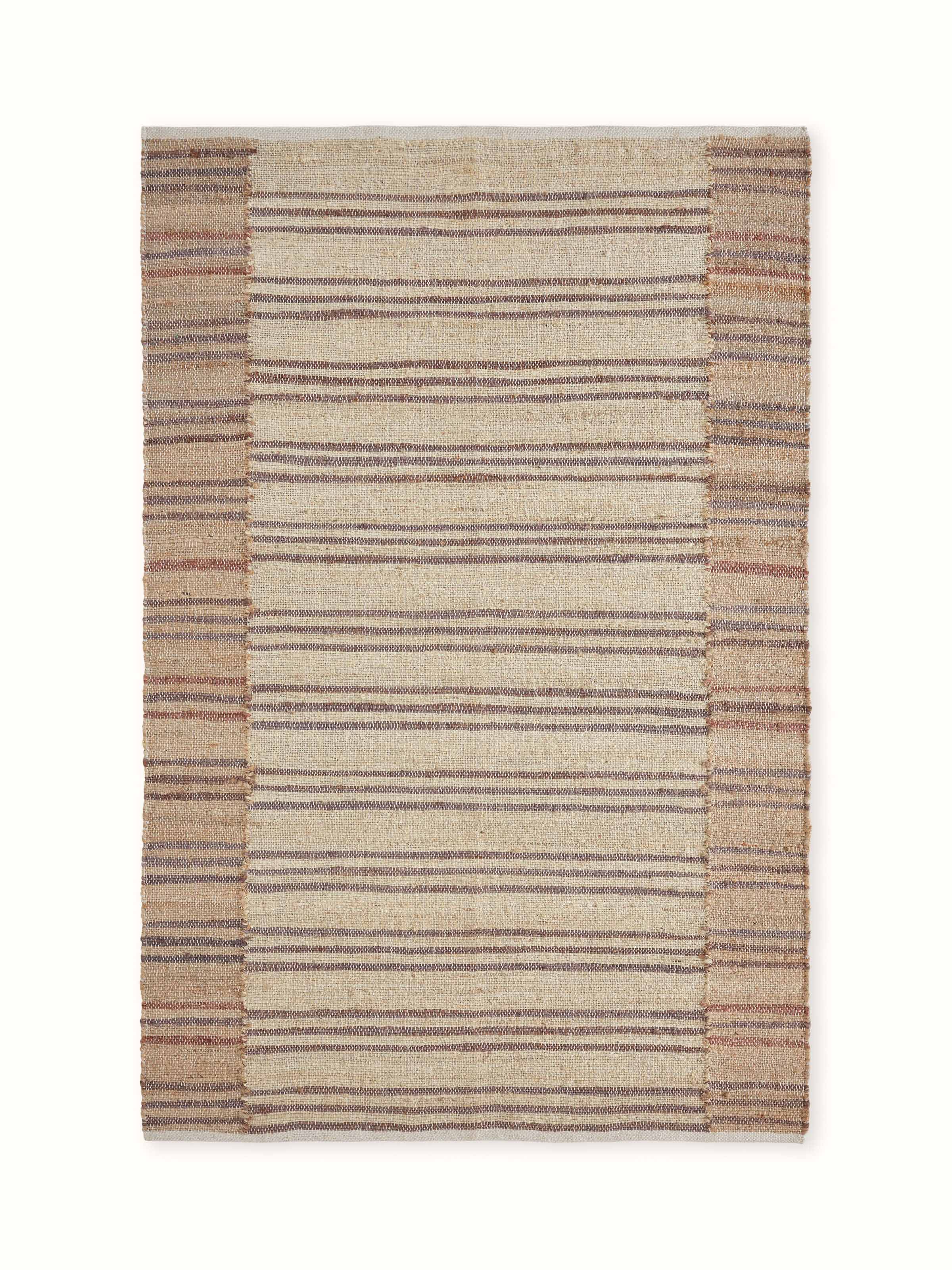 Front view of Textured Stripes Beige Brown Lawan Jute Natural Fibre Rug by Swadesh
