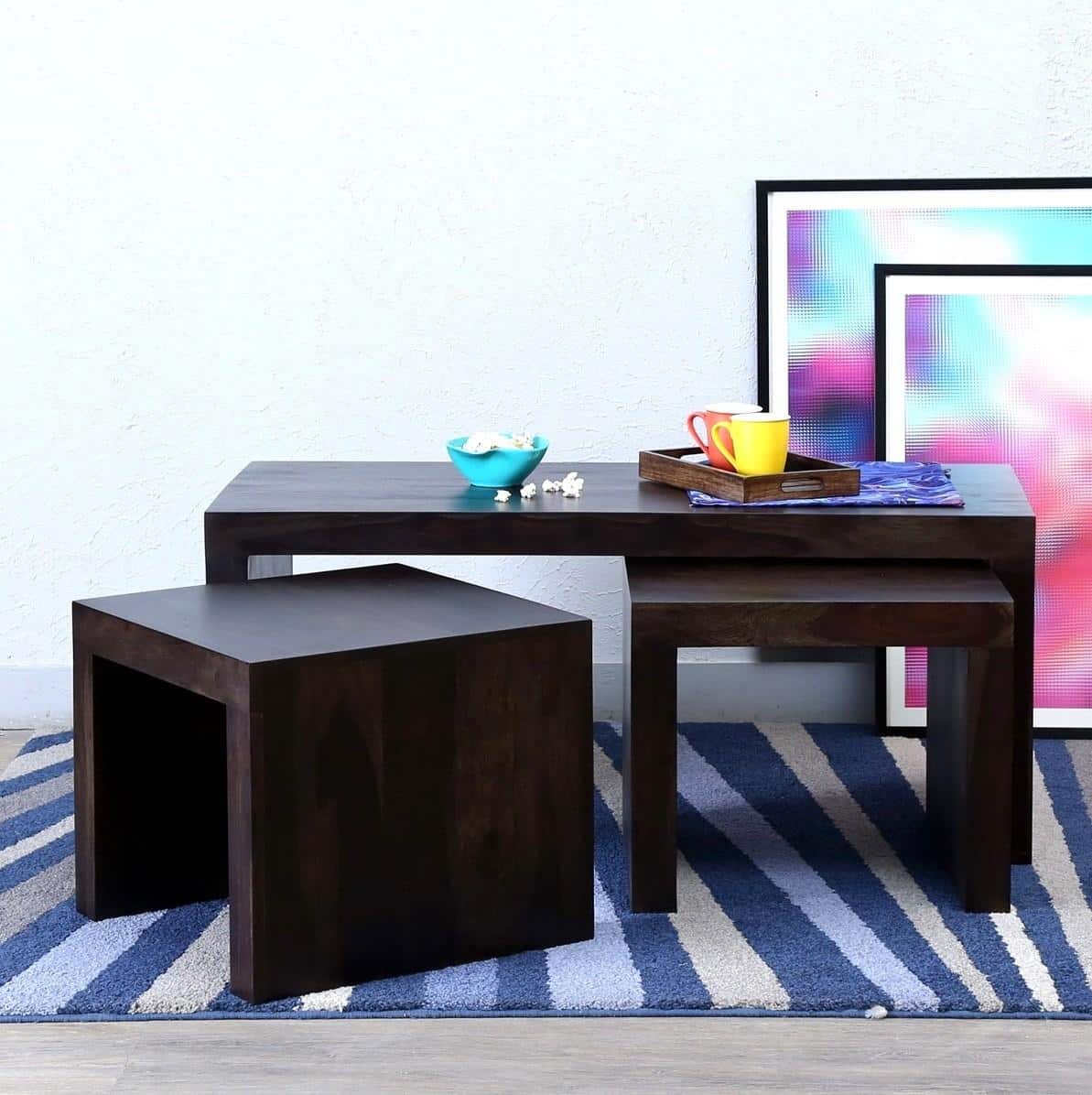 Kassel Sheesham Wood Coffee Table With 2 Stools Set In Mahogany Finish