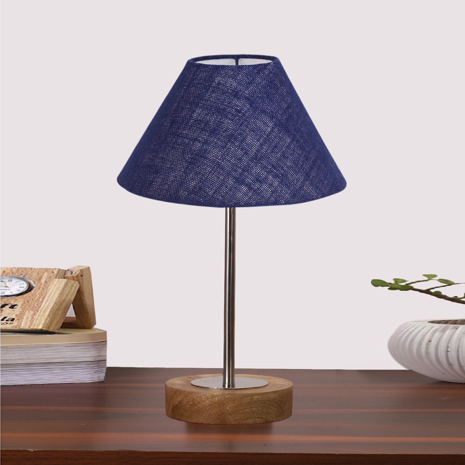 Devansh Blue Jute Table Lamp With Natural  Wood Base  & Steel Pipe (10X16.25 Inches)-37