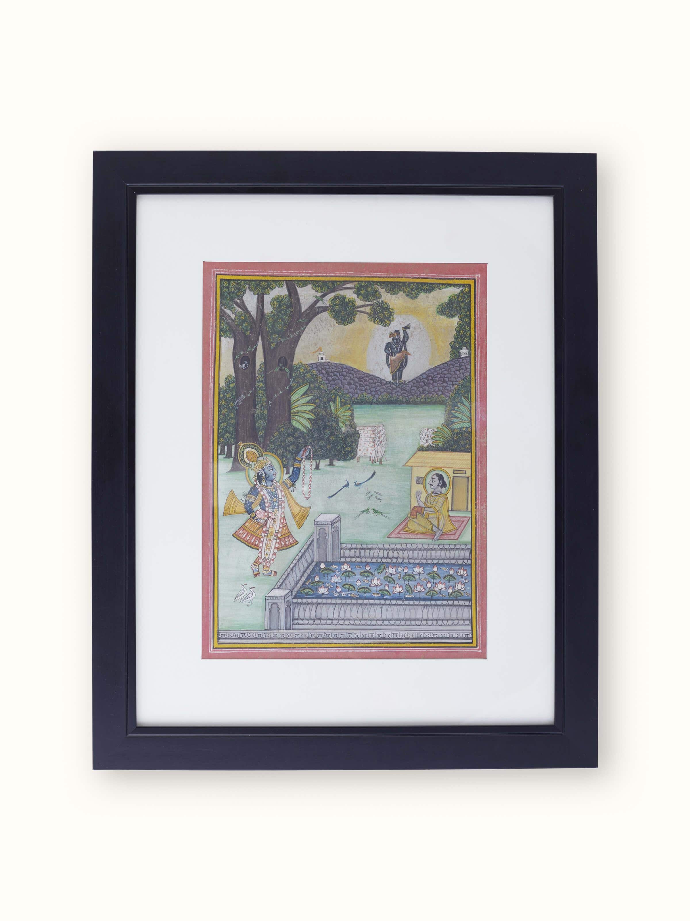 Front view of Pichwai Krishna Story Scene Painting highlighting its vibrant colors and detailed artwork.