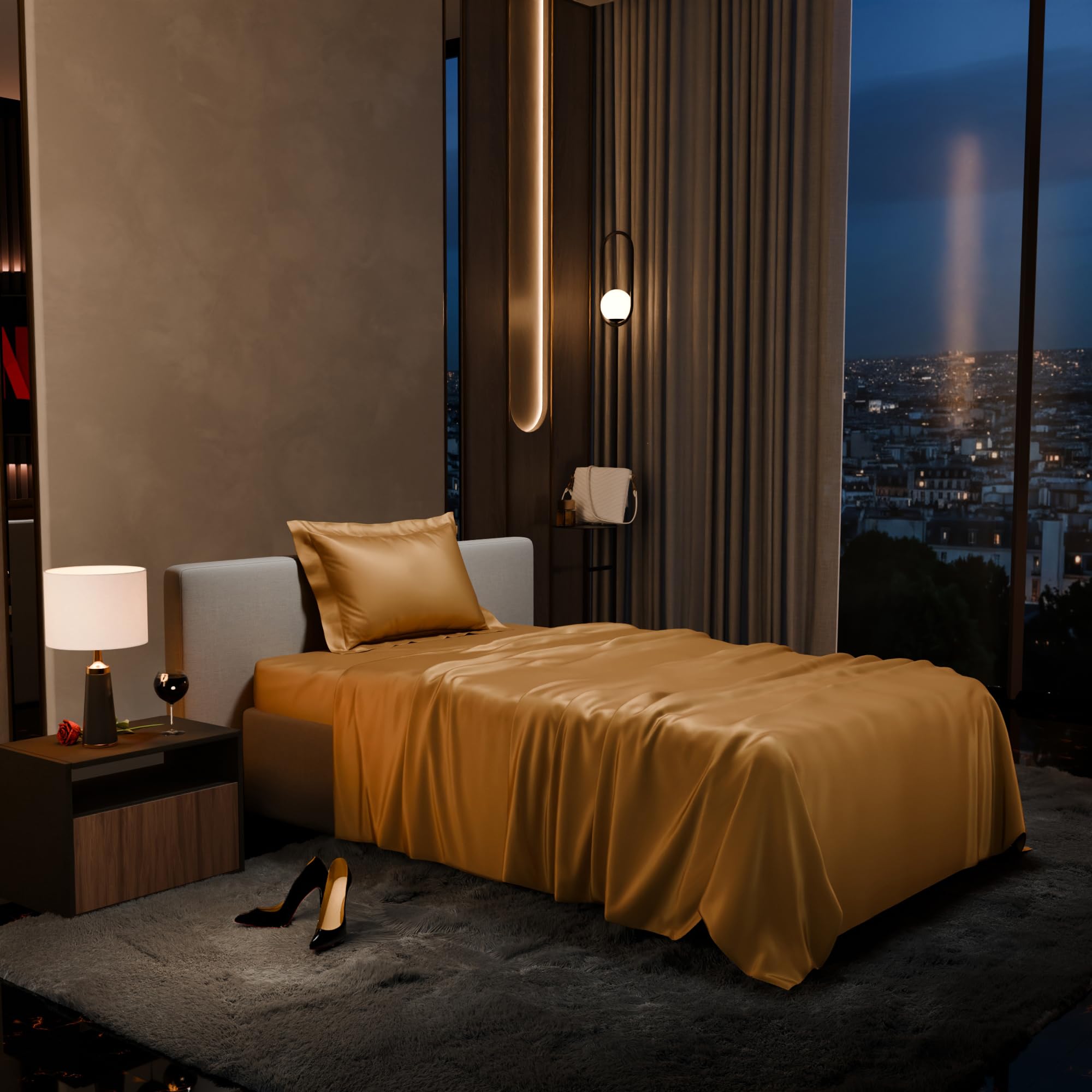 Stoa Paris Single Bedsheet with 1 Pillow Cover sheet with Eternal Glow Gold - Stoa Paris