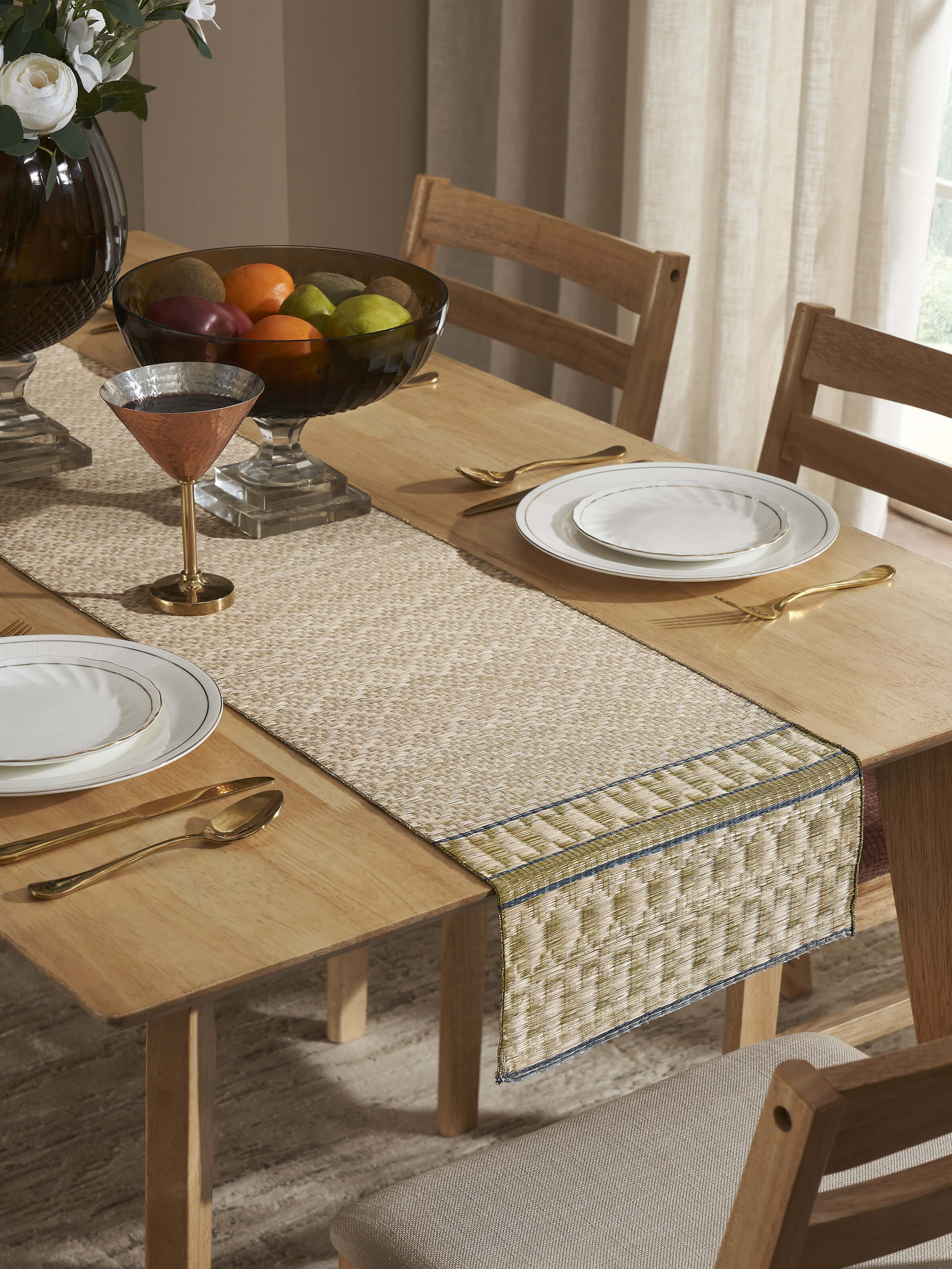 Madurkathi green geometric table runner styled on dining table