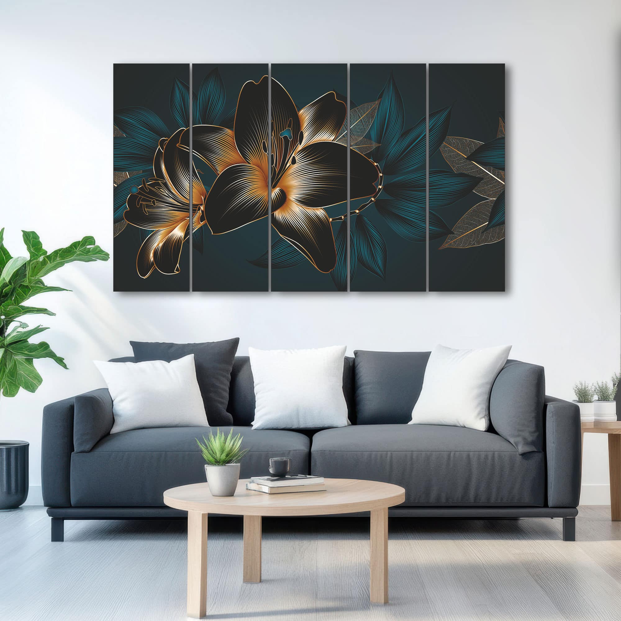 The Castle Decor Black Leaf Flower Wall Art Set of 5 27x48 Inch - The Castle Decor