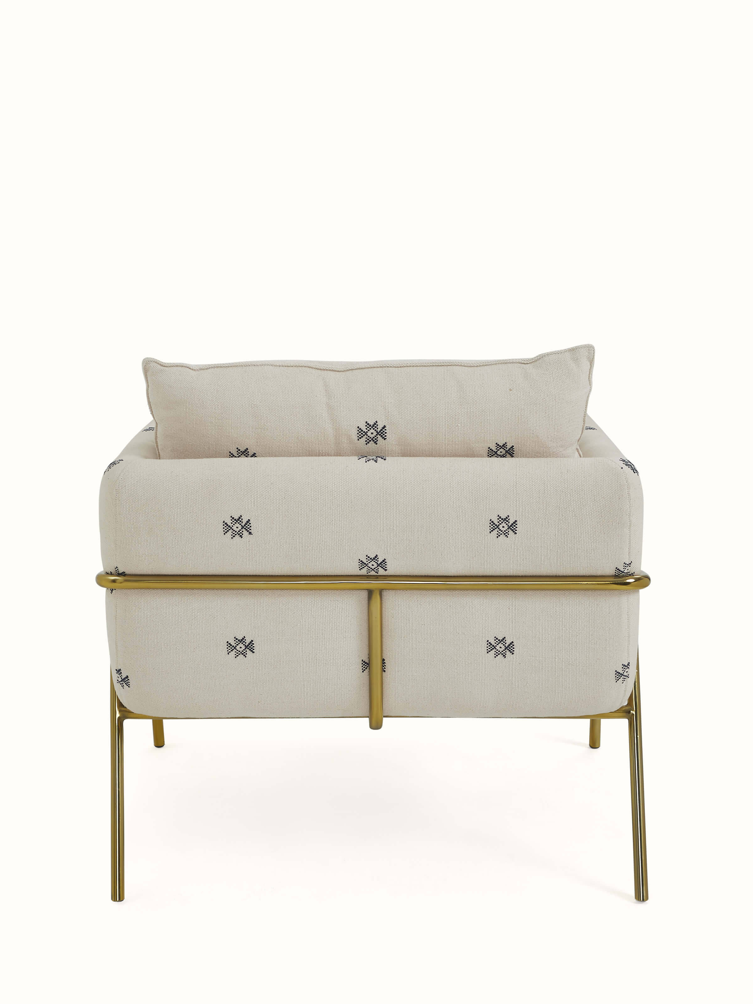 Side detail of Upholstered Metal Lounge Chair focusing on its sleek, minimalist design and upholstered seat.