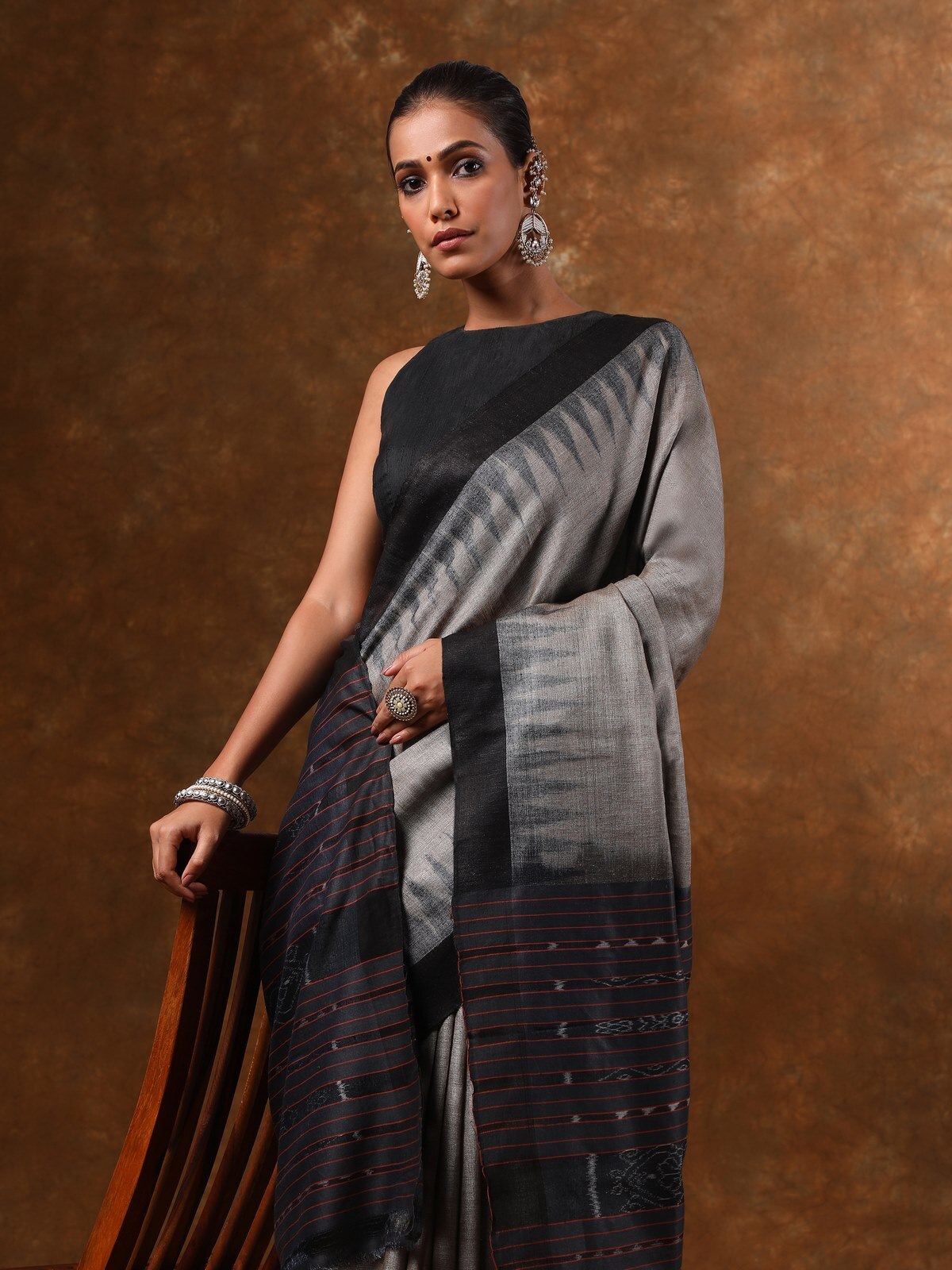 Detail shot of Odisha Ikat saree highlighting fine Ikat weave and texture