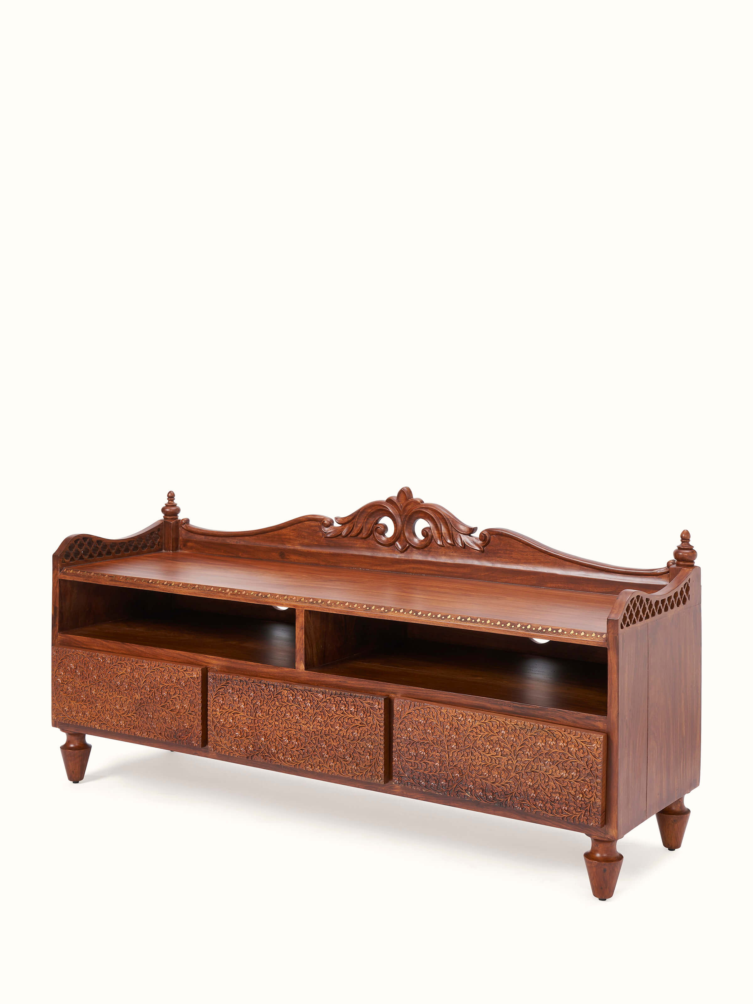 Front view of Carved Sheesham Wood Entertainment Unit, emphasizing its detailed carvings and premium wood finish.