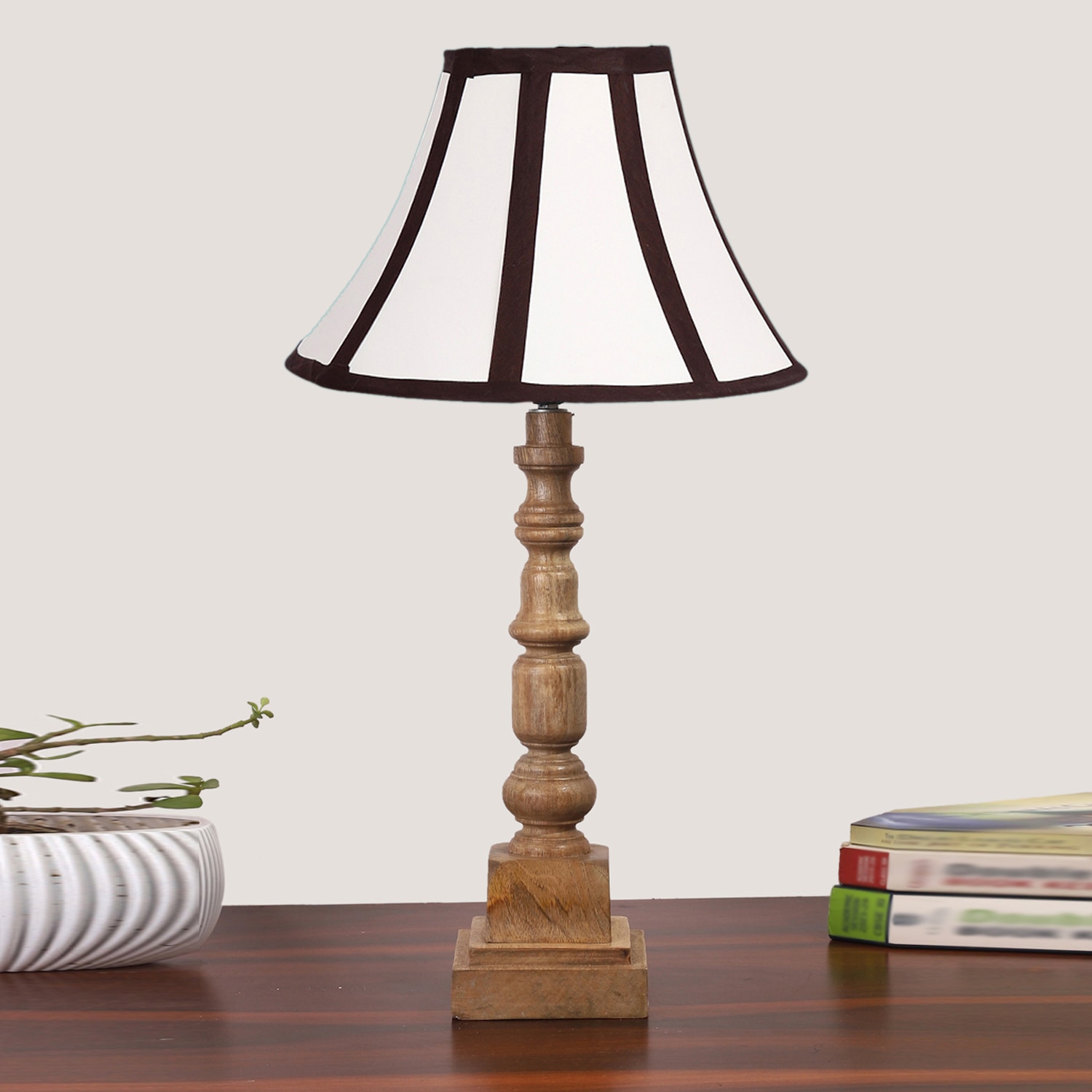 Devansh Off-White Cotton Vintage  Lamp With Wood Base (12X12X22.75) - Devansh