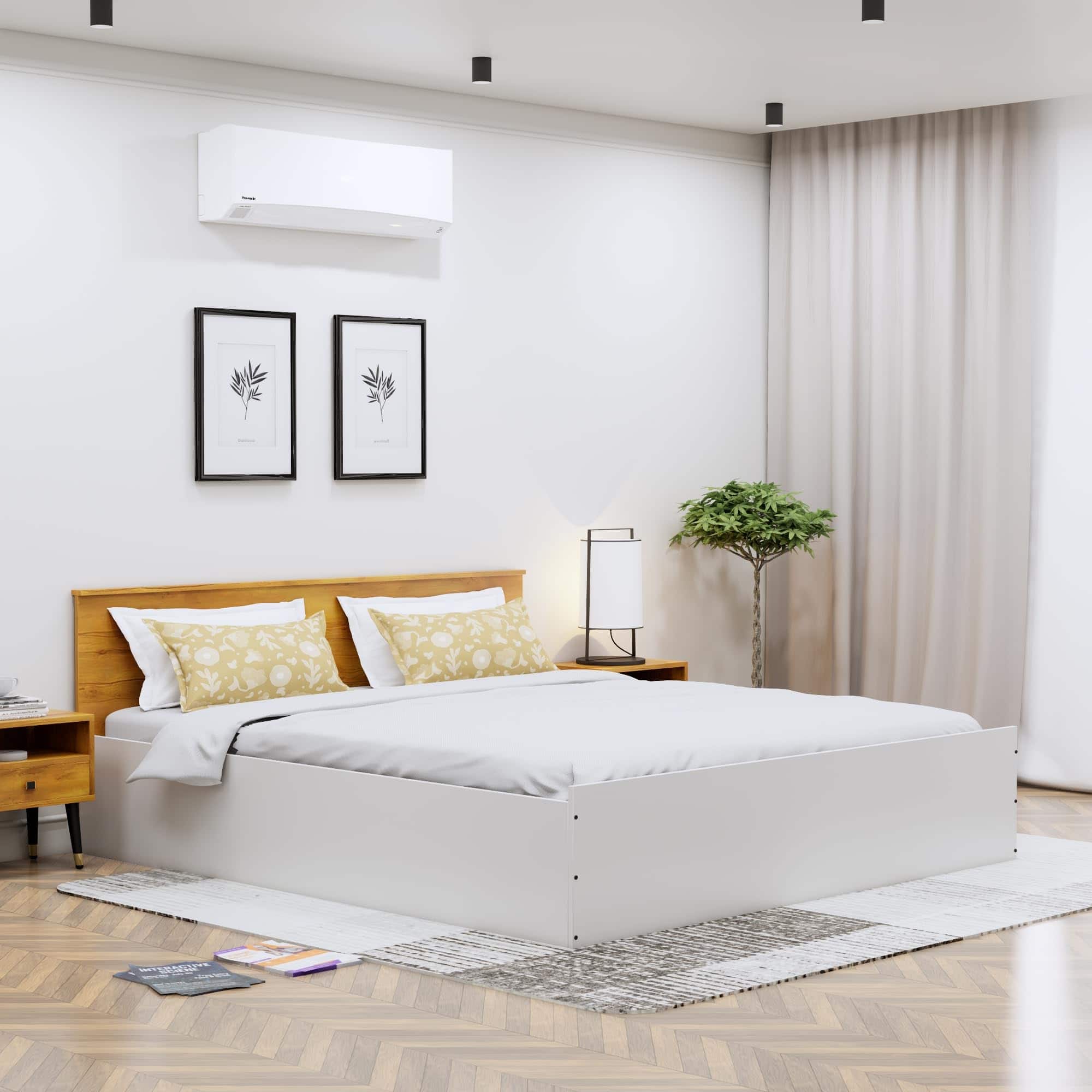Hexa Engineered Wood Modern King Bed With Headboard With Storage In Frosty White And Giant Wood - HexaRed