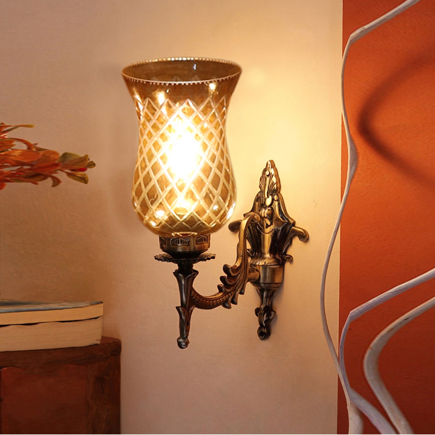 Devansh Metal Electric Wall Light in Antique gold Colour with Lavender Shade Count of 1 Light - Devansh