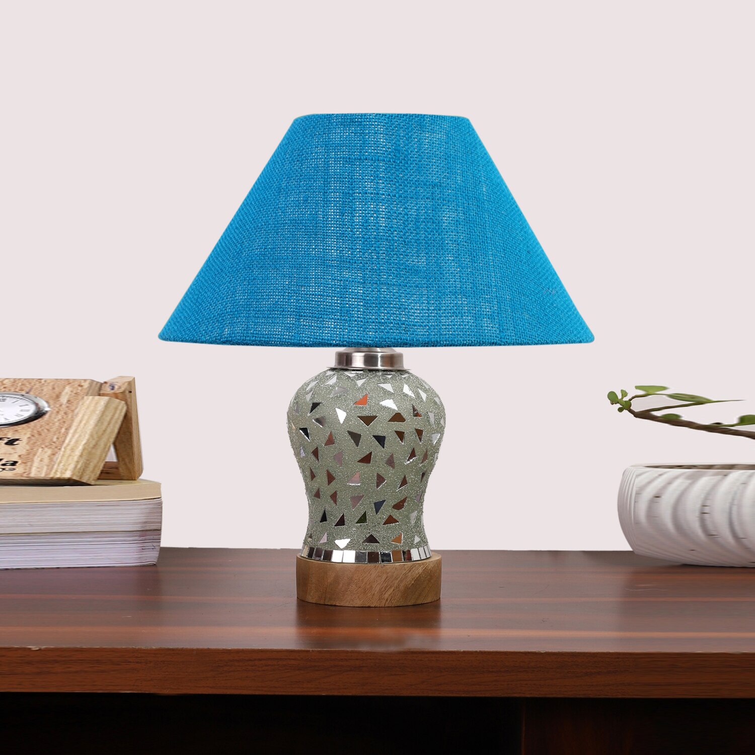 Devansh Conical Turquoise Jute Shade Lamp With Wood & Mosaic Glass Base For Decoration/Office/Home/Gifting/Study For Decoration/Office/Home/Gifting/Study -(10X10X14.5) Inches -A