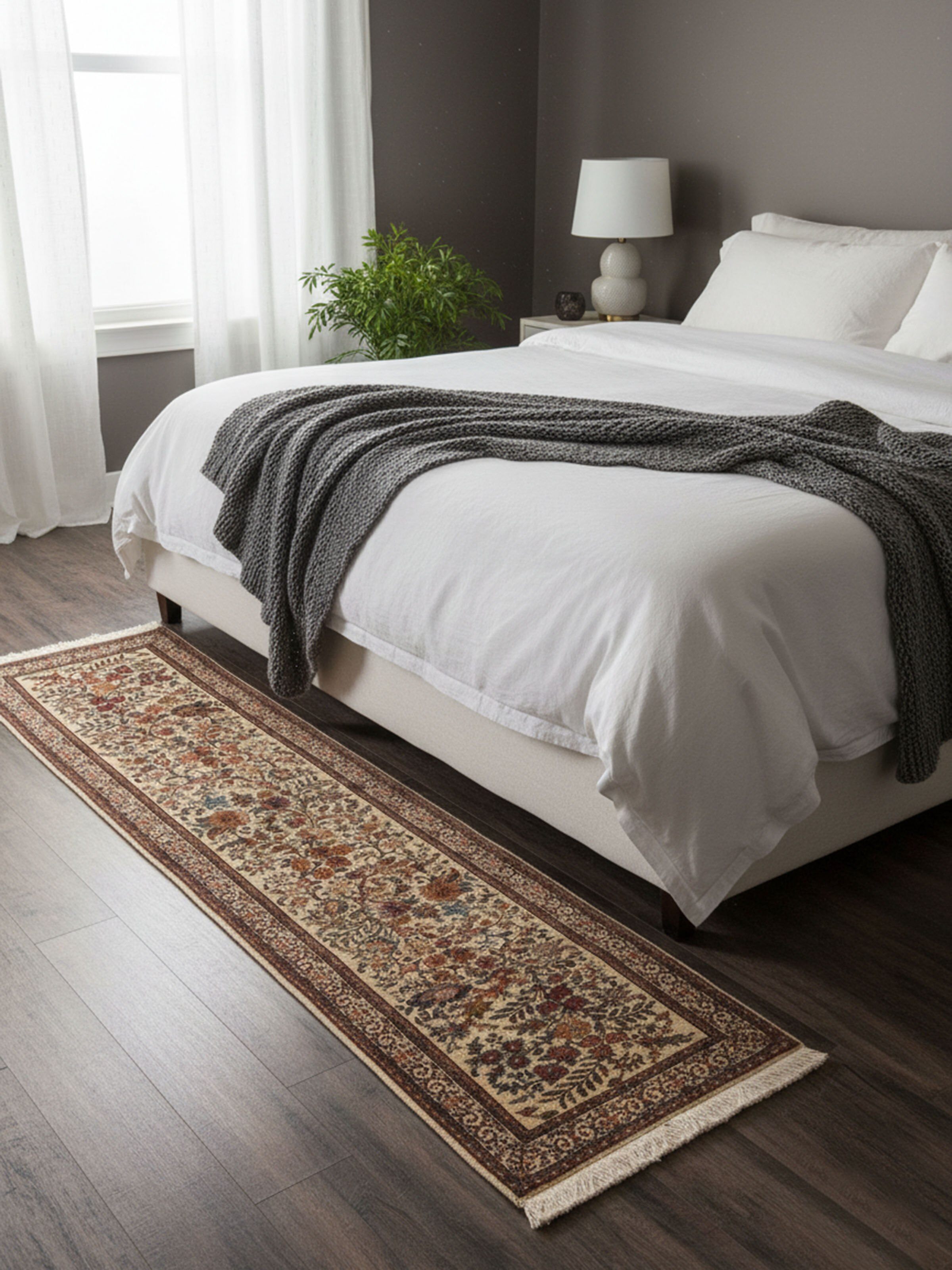 Traditional Persian ivory Baagdar Kashmir silk hand-knotted runner in living room setting – Swadesh