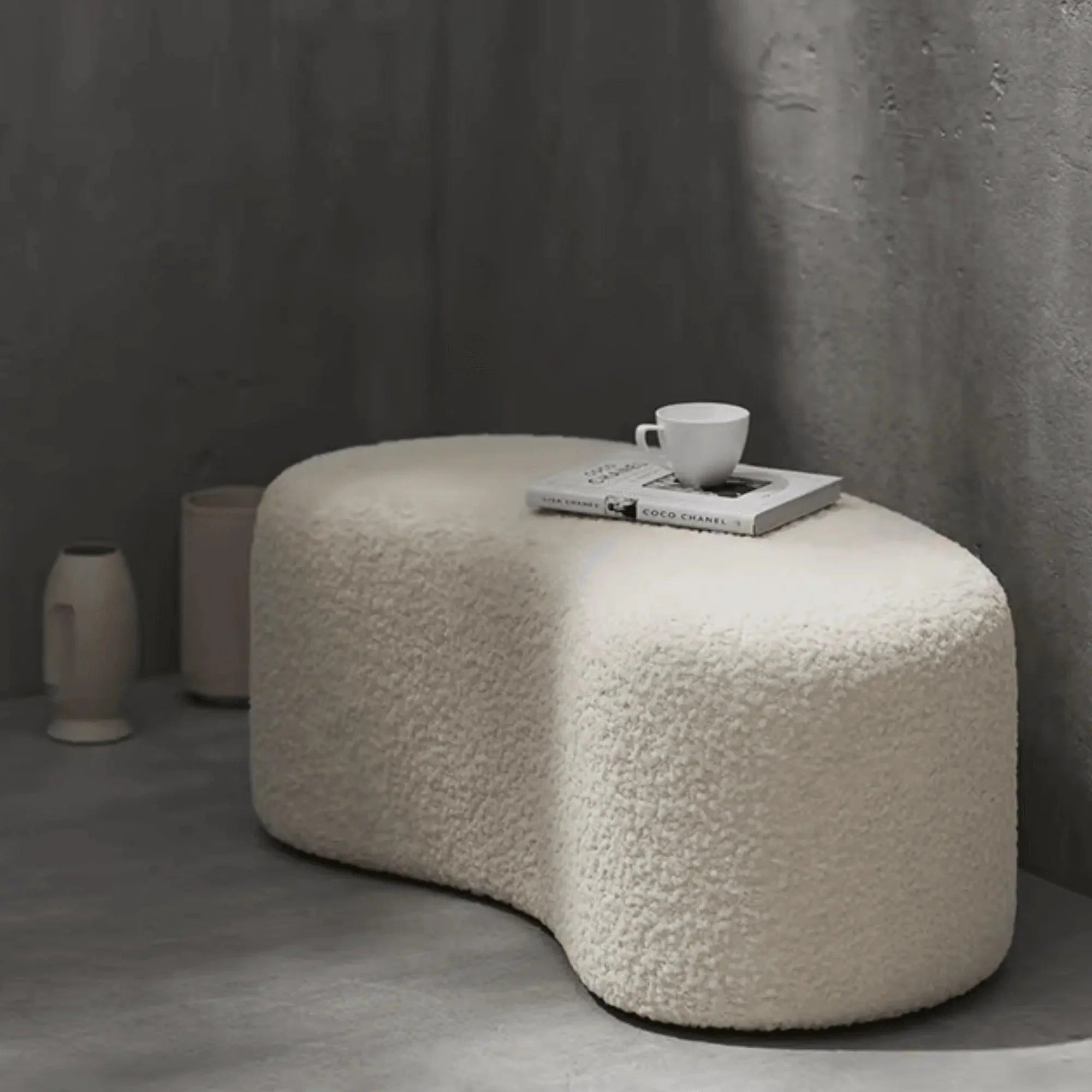 Wooden Twist Wnzzy Stylish Soft Boucle Upholstery Bench Ottoman in White Colour